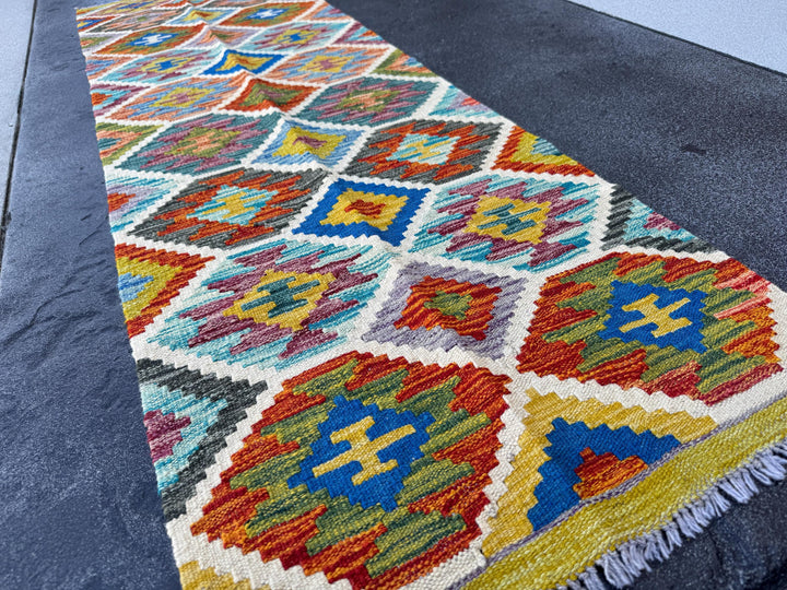 2x7 Handmade Afghan Kilim Runner Rug | Cream Grey Navy Blue Brick Orange Turquoise Maroon Moss Green Mustard Purple Ivory | Wool Turkish