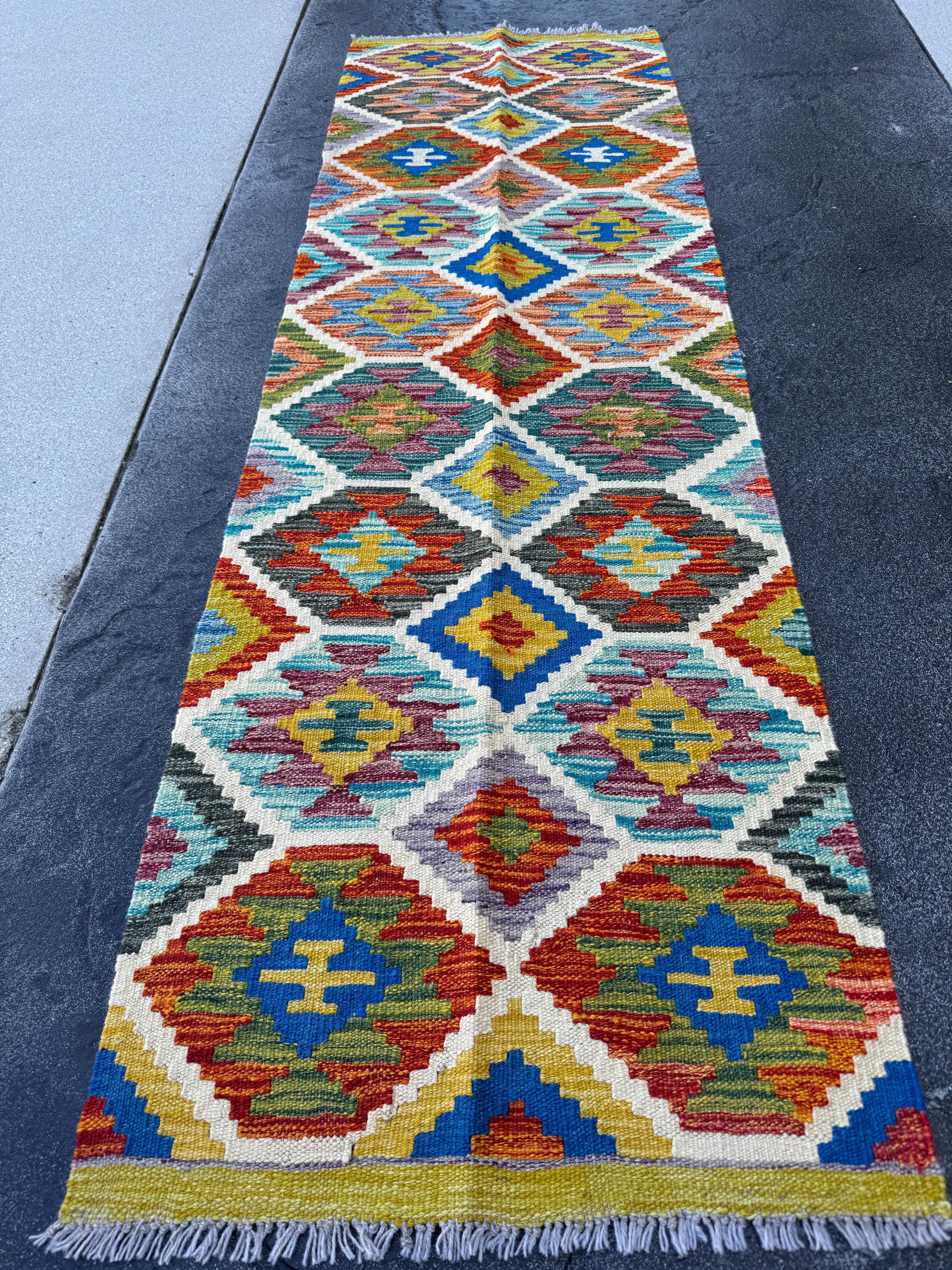 2x7 Handmade Afghan Kilim Runner Rug | Cream Grey Navy Blue Brick Orange Turquoise Maroon Moss Green Mustard Purple Ivory | Wool Turkish