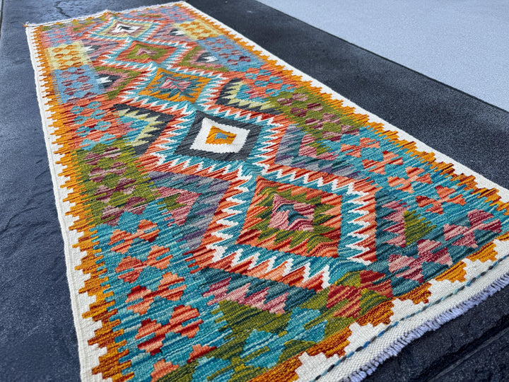 3x7 (100x200) Handmade Afghan Kilim Runner Rug | Cream Teal Orange Brick Red Moss Olive Green Purple Ivory Charcoal Grey | Wool Turkish