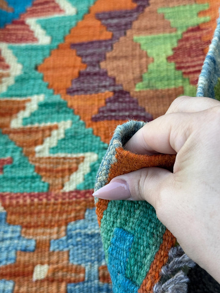 2x7 (100x200) Handmade Afghan Kilim Runner Rug | Rust Burnt Orange Navy Denim Blue Maroon Teal Cream Ivory Olive Green | Wool Turkish