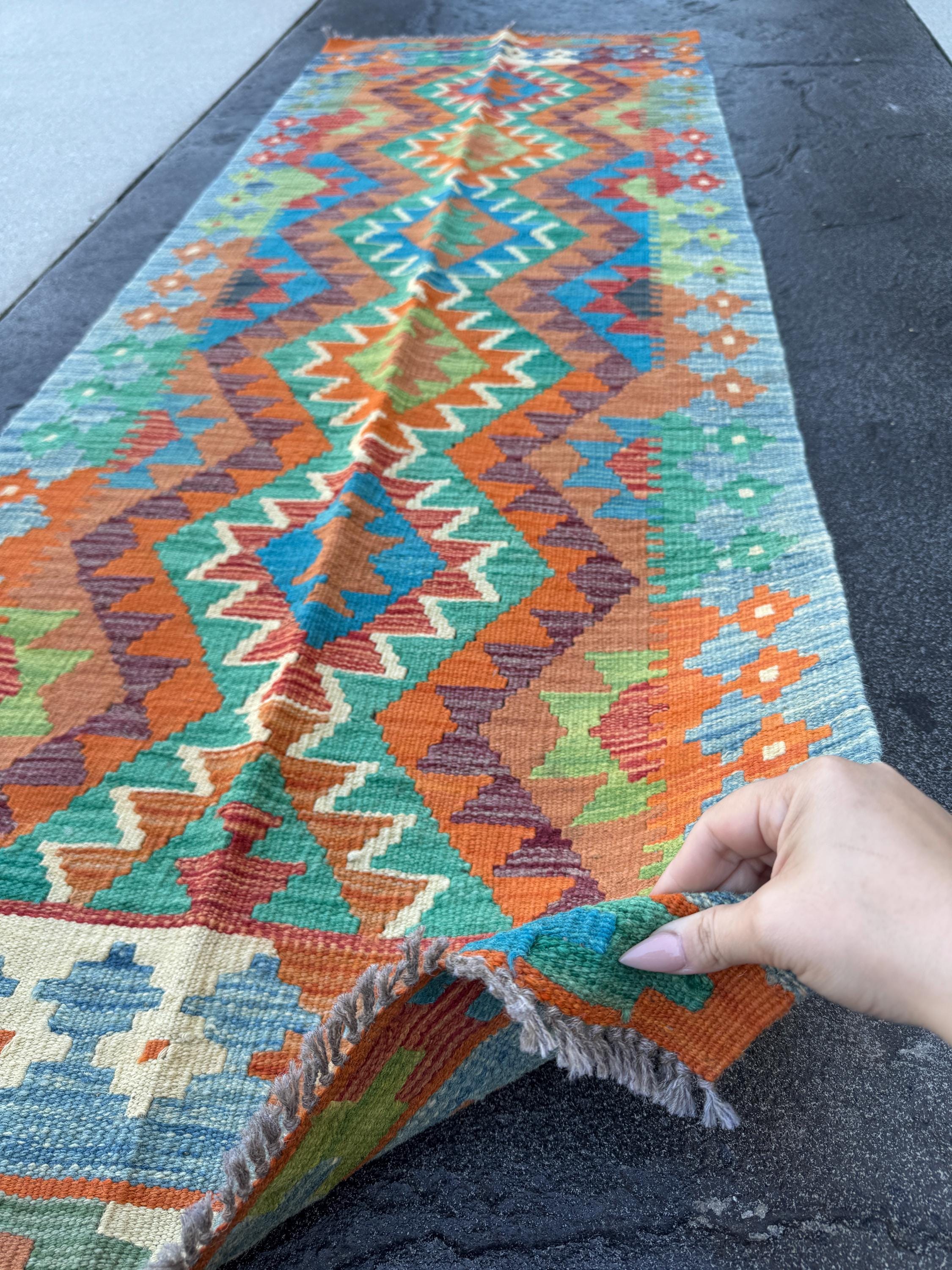 2x7 (100x200) Handmade Afghan Kilim Runner Rug | Rust Burnt Orange Navy Denim Blue Maroon Teal Cream Ivory Olive Green | Wool Turkish