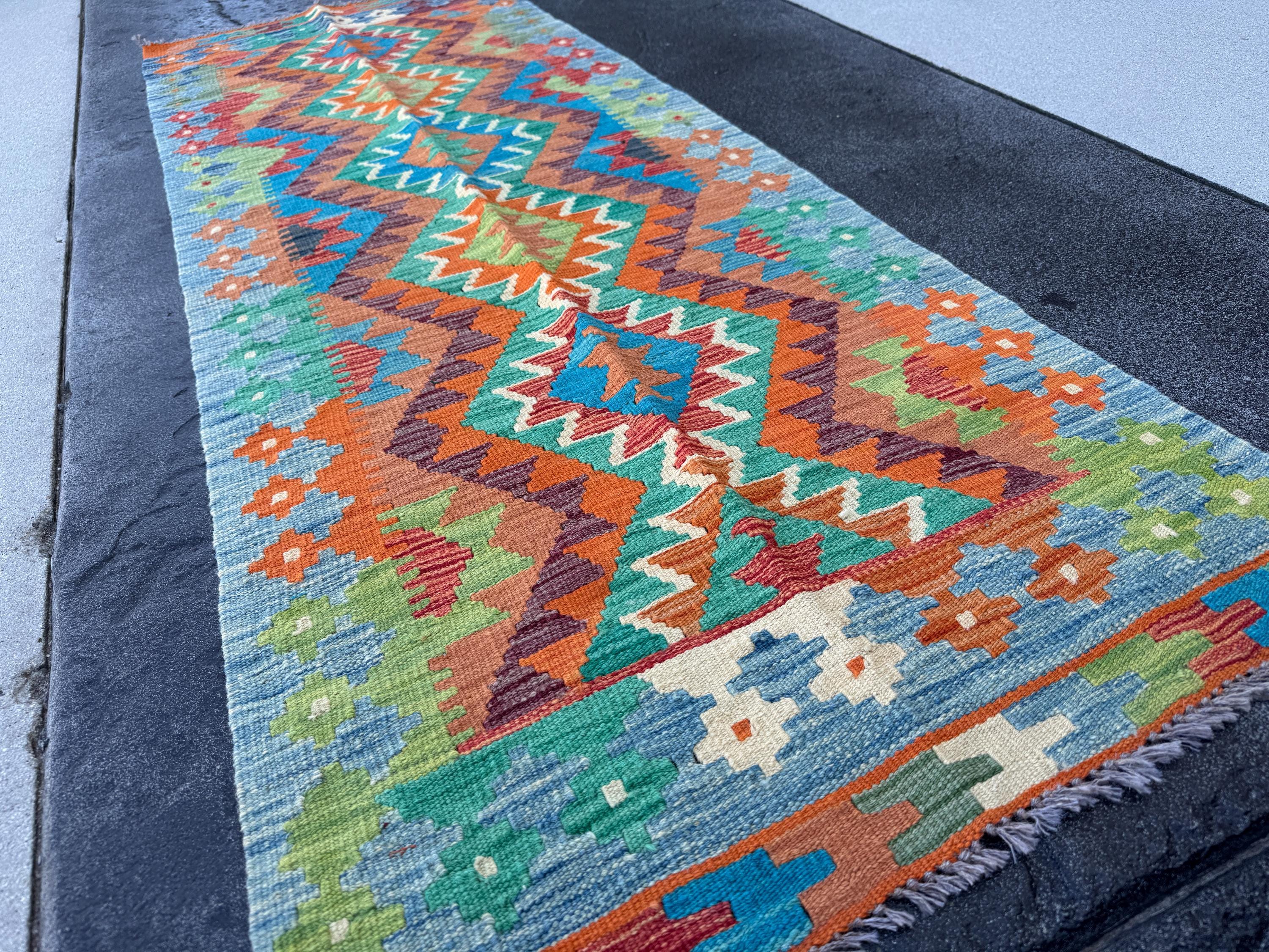 2x7 (100x200) Handmade Afghan Kilim Runner Rug | Rust Burnt Orange Navy Denim Blue Maroon Teal Cream Ivory Olive Green | Wool Turkish