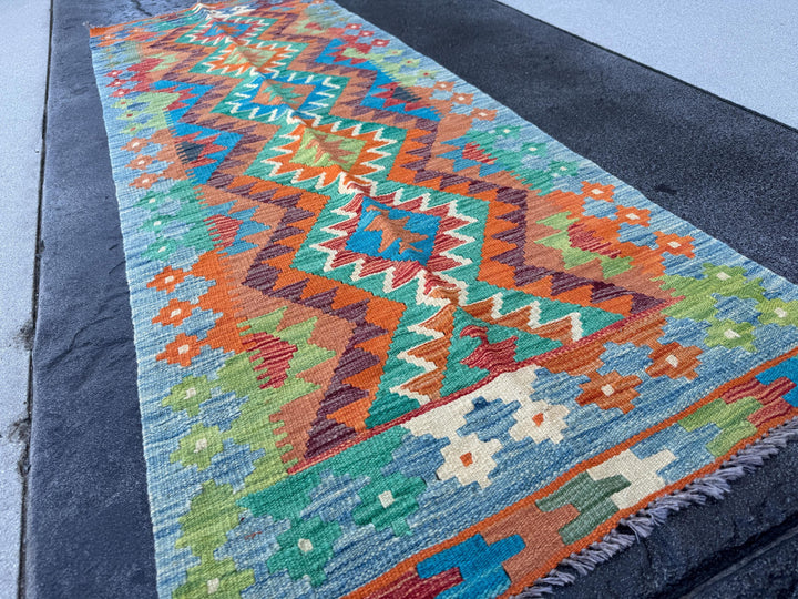2x7 (100x200) Handmade Afghan Kilim Runner Rug | Rust Burnt Orange Navy Denim Blue Maroon Teal Cream Ivory Olive Green | Wool Turkish