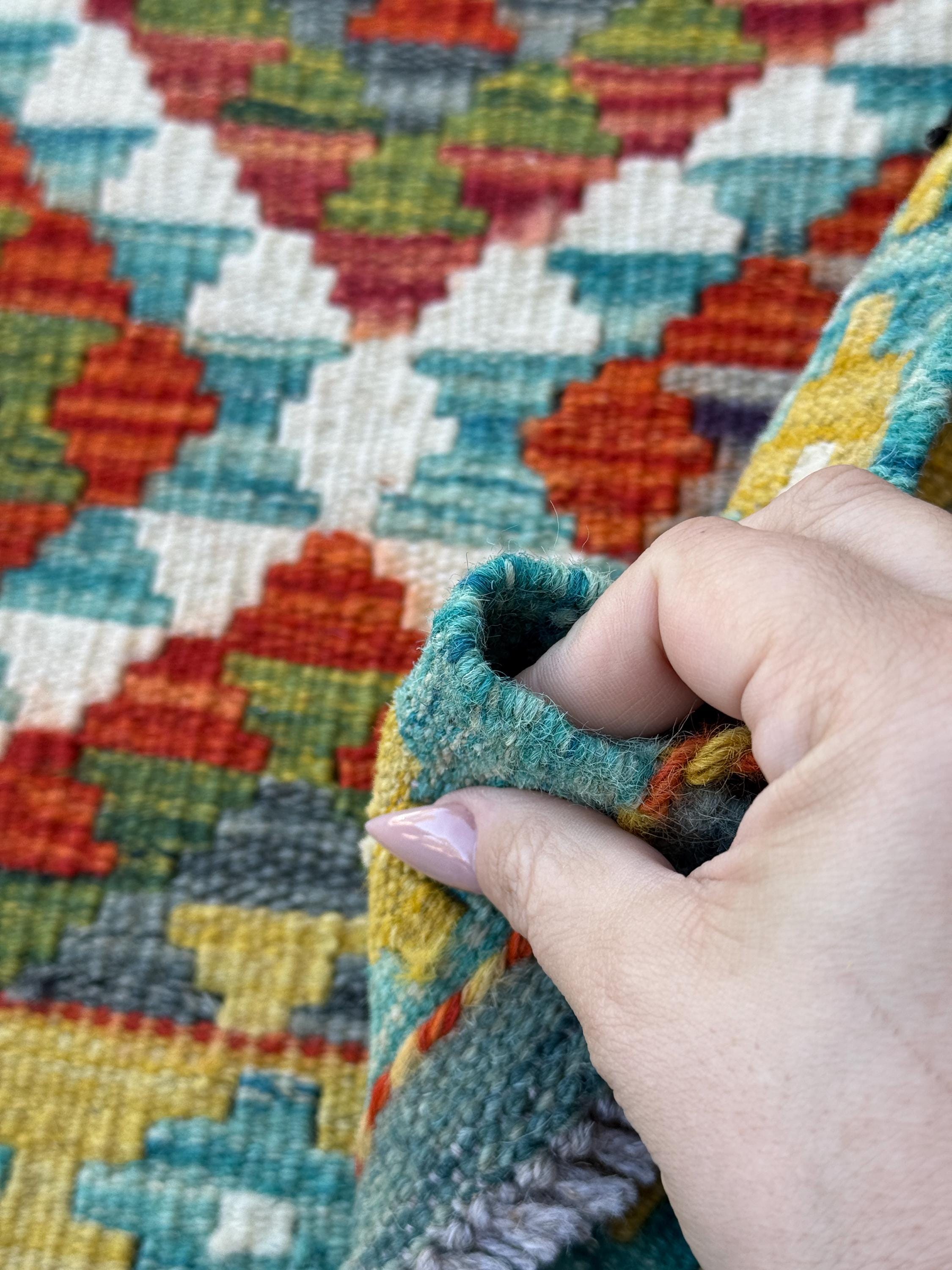 4x5 (121x152) Handmade Afghan Kilim Rug | Burnt Orange Teal Ivory Olive Moss Green Charcoal Light Grey Red Mustard | Wool Flatweave