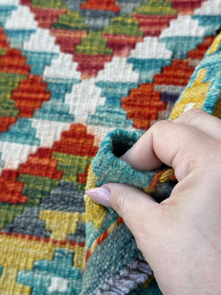 4x5 (121x152) Handmade Afghan Kilim Rug | Burnt Orange Teal Ivory Olive Moss Green Charcoal Light Grey Red Mustard | Wool Flatweave