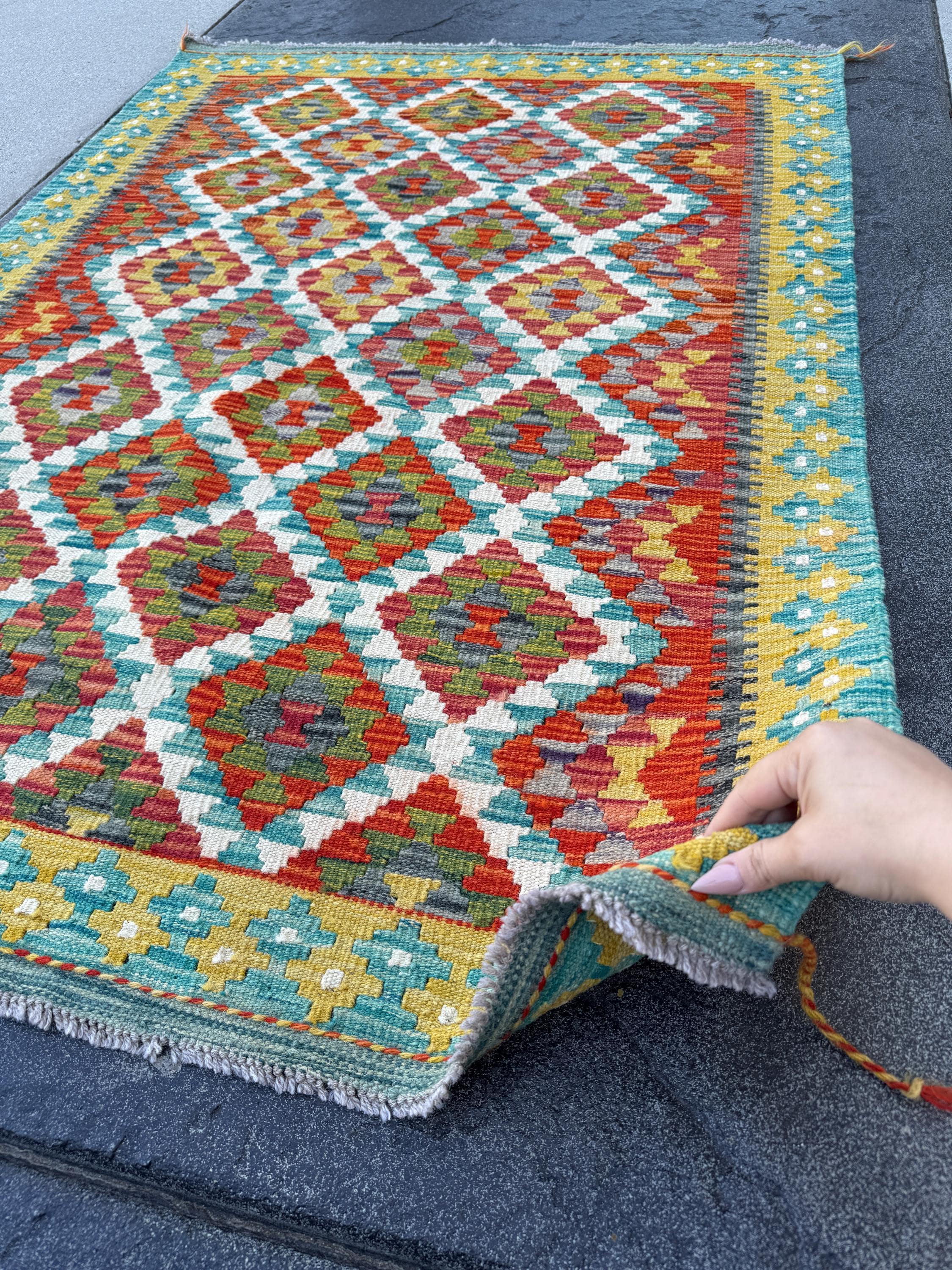 4x5 (121x152) Handmade Afghan Kilim Rug | Burnt Orange Teal Ivory Olive Moss Green Charcoal Light Grey Red Mustard | Wool Flatweave