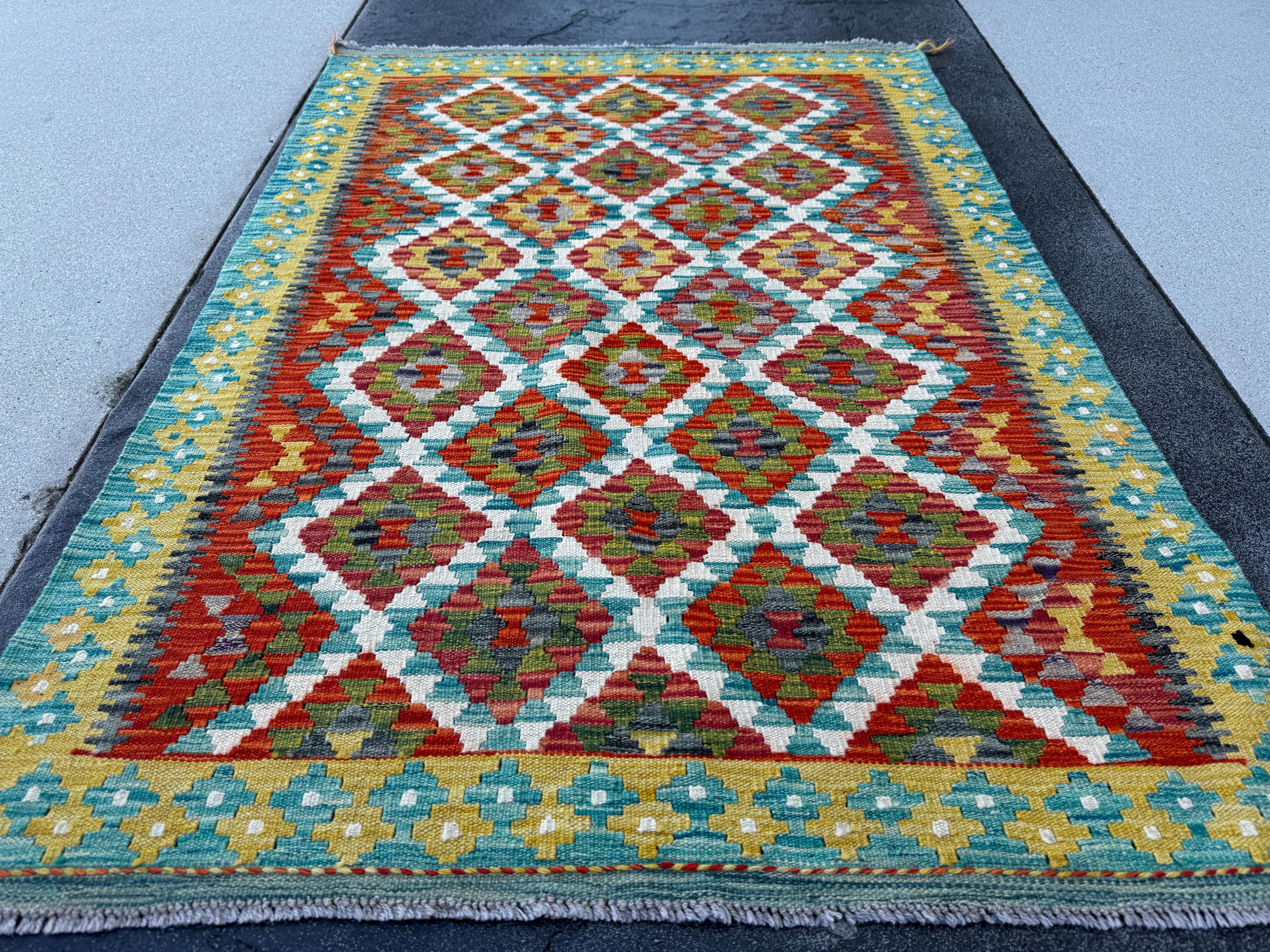 4x5 (121x152) Handmade Afghan Kilim Rug | Burnt Orange Teal Ivory Olive Moss Green Charcoal Light Grey Red Mustard | Wool Flatweave