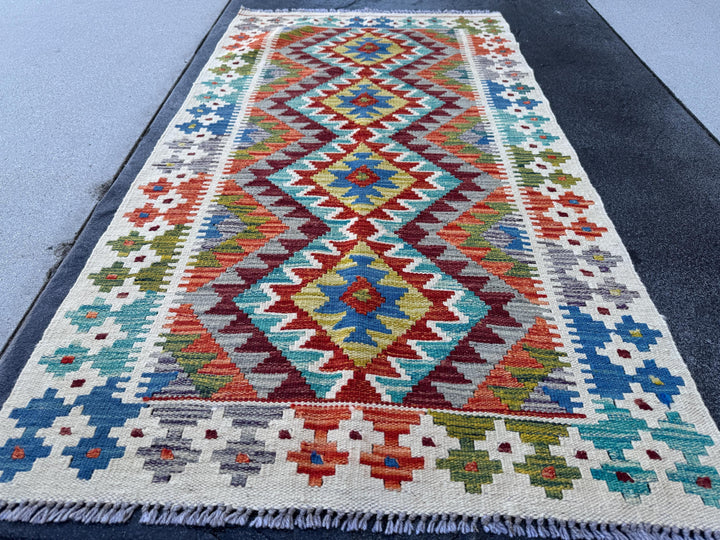 3x5 (91x152) Handmade Afghan Kilim Rug | Cream Burnt Orange Maroon Teal Grey Olive Moss Green Navy Blue Ivory Turquoise | Wool Flatweave