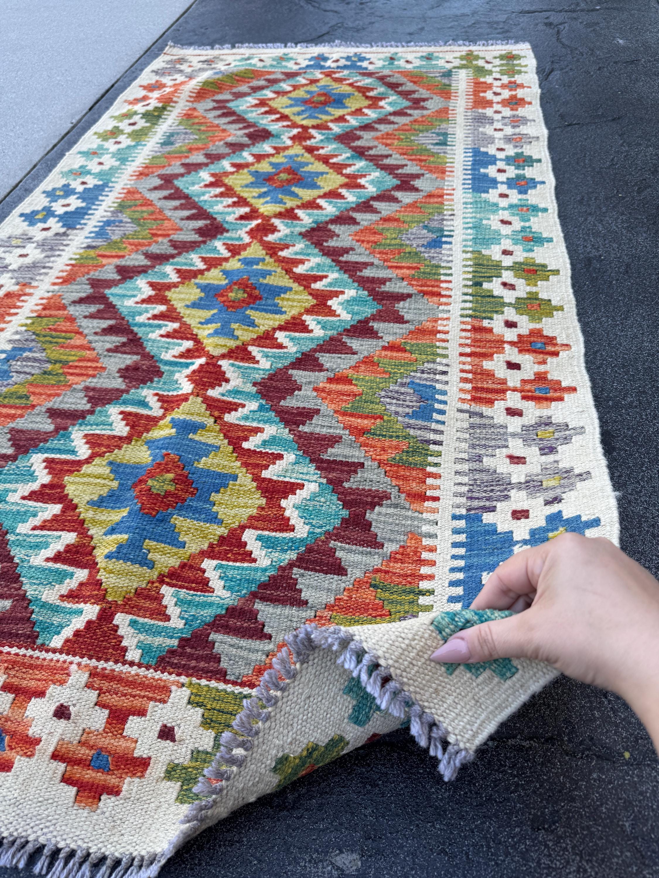3x5 (91x152) Handmade Afghan Kilim Rug | Cream Burnt Orange Maroon Teal Grey Olive Moss Green Navy Blue Ivory Turquoise | Wool Flatweave