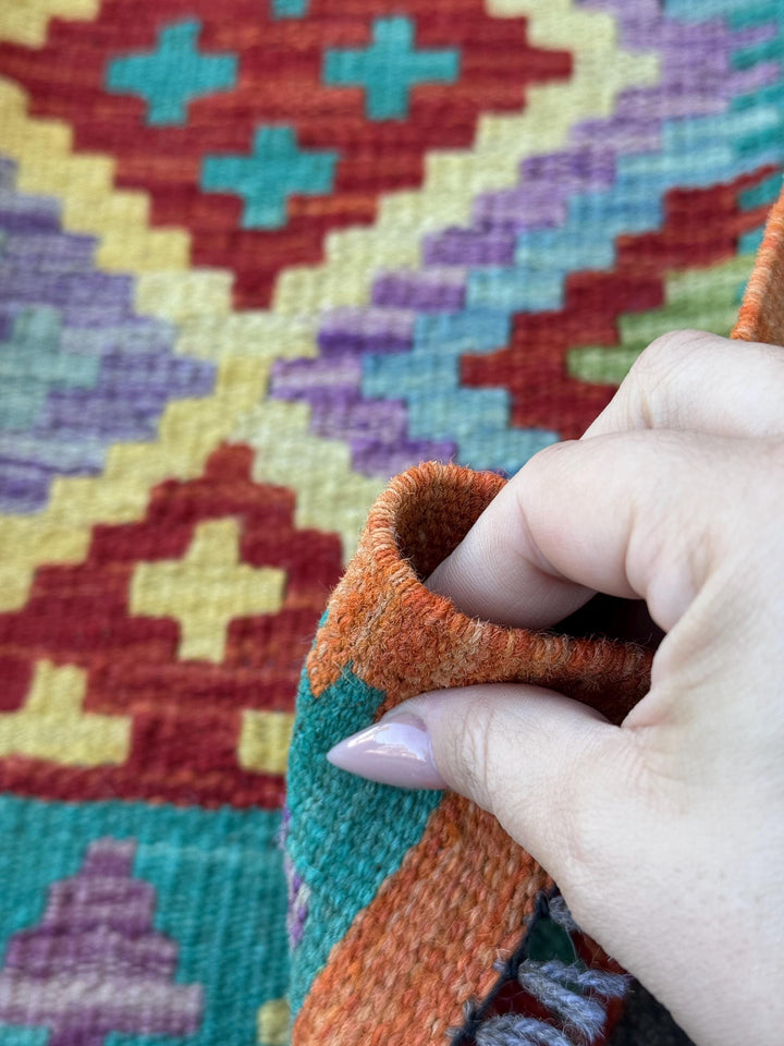 2x7 Handmade Afghan Kilim Runner Rug | Purple Blood Red Mustard Yellow Teal Turquoise Burnt Orange Olive Green | Wool Turkish