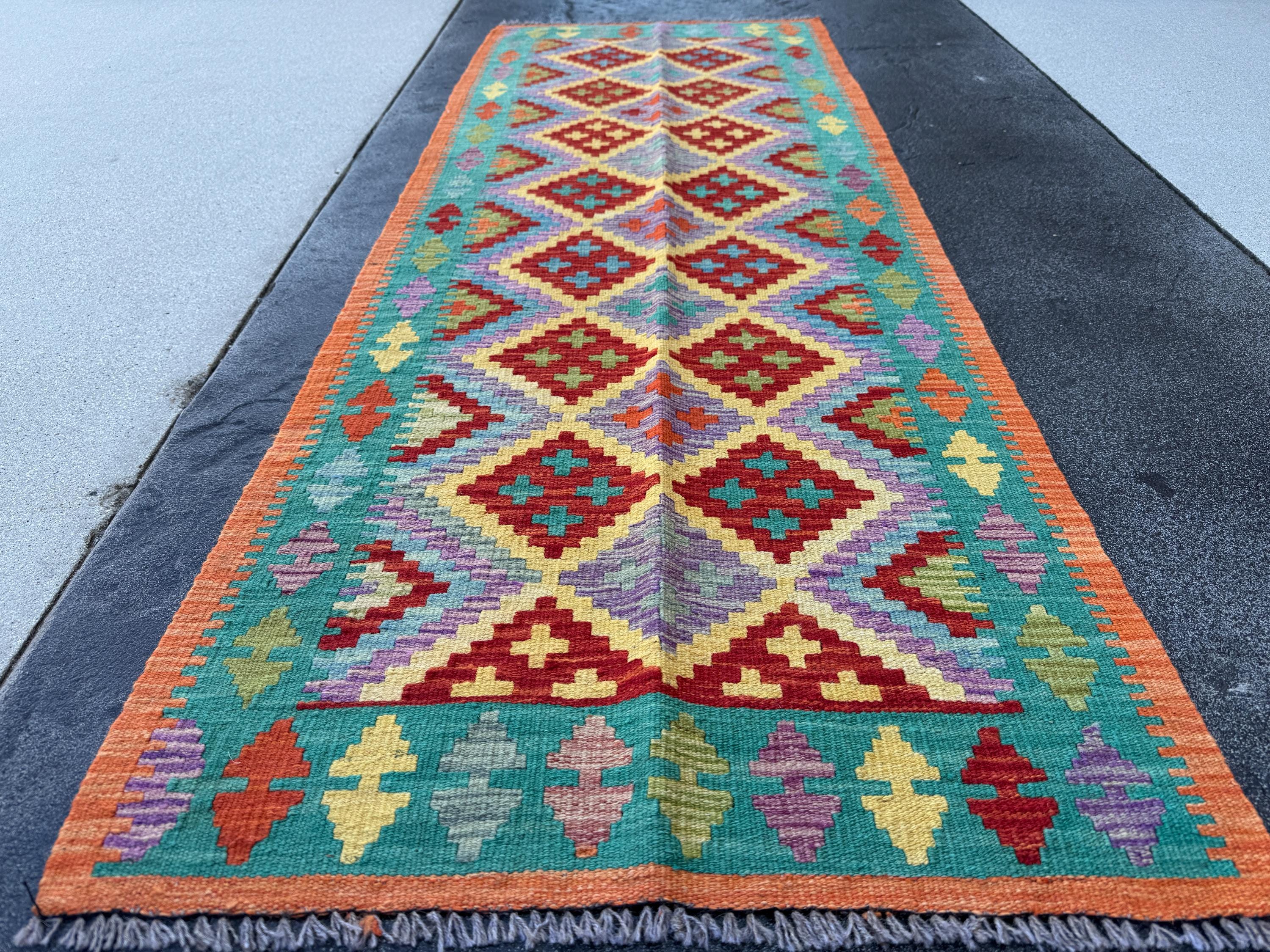2x7 Handmade Afghan Kilim Runner Rug | Purple Blood Red Mustard Yellow Teal Turquoise Burnt Orange Olive Green | Wool Turkish