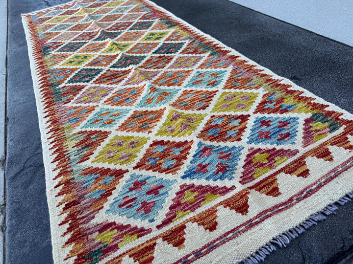 3x7 (100x200) Handmade Afghan Kilim Runner Rug | Cream Blood Red Orange Purple Teal Denim Blue Charcoal GreyOlive Green Ivory | Wool Turkish