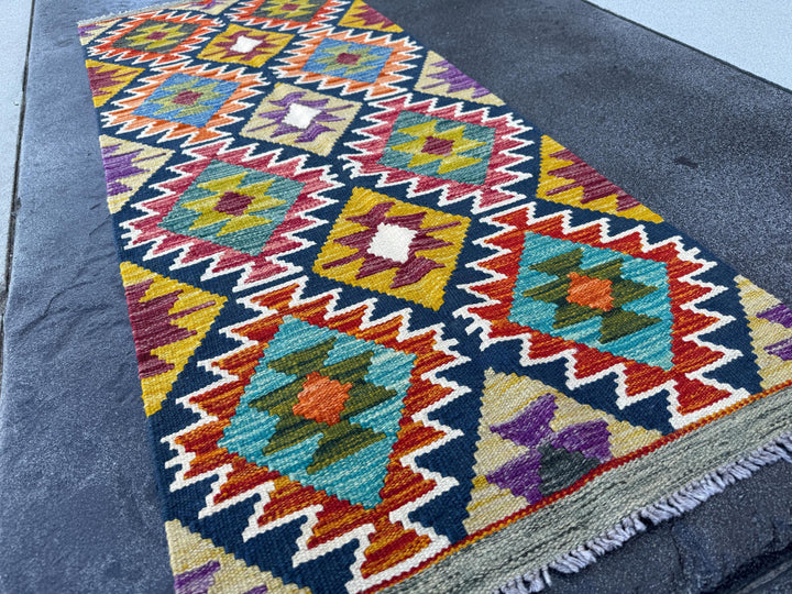 2x5 Handmade Afghan Kilim Runner Rug | Midnight Blue Blood Red Burnt Orange Cream Olive Moss Green Purple Mustard Ivory Denim | Wool Turkish