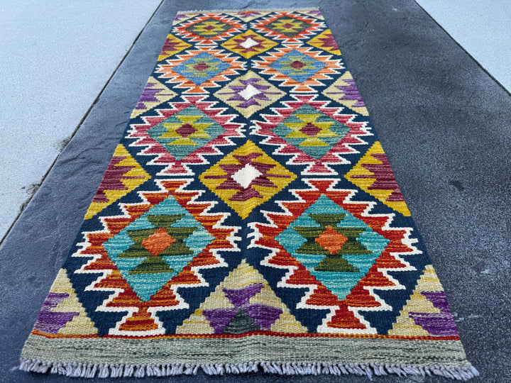 2x5 Handmade Afghan Kilim Runner Rug | Midnight Blue Blood Red Burnt Orange Cream Olive Moss Green Purple Mustard Ivory Denim | Wool Turkish
