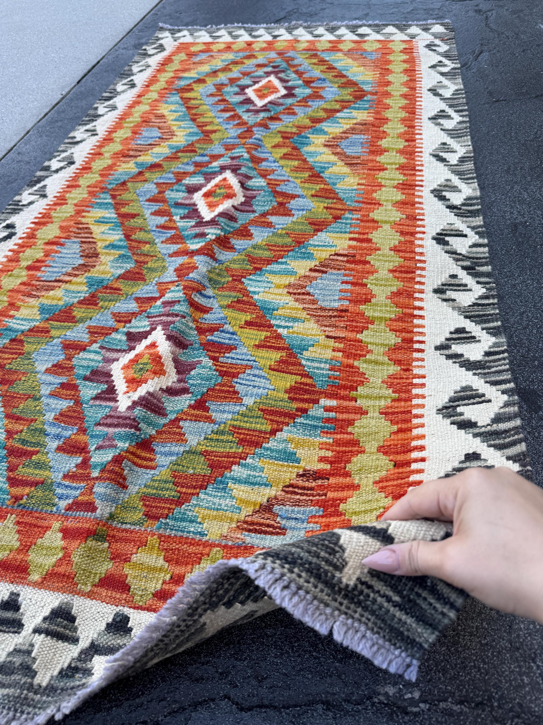 3x5 (91x152) Handmade Afghan Kilim Rug | Denim Blue Burnt Orange Teal Eggplant Purple Olive Moss Green Cream Charcoal | Wool Turkish