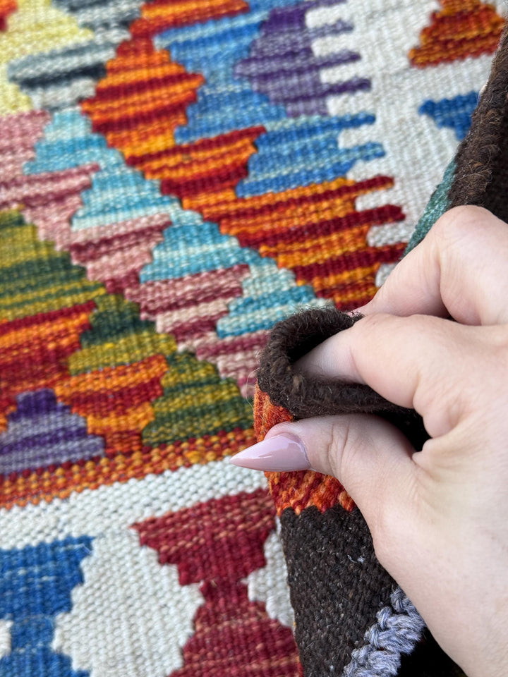 3x5 (91x152) Handmade Afghan Kilim Rug | Cream Burnt Orange Denim Blue Charcoal Grey Olive Moss Green Purple Teal Red | Wool Turkish