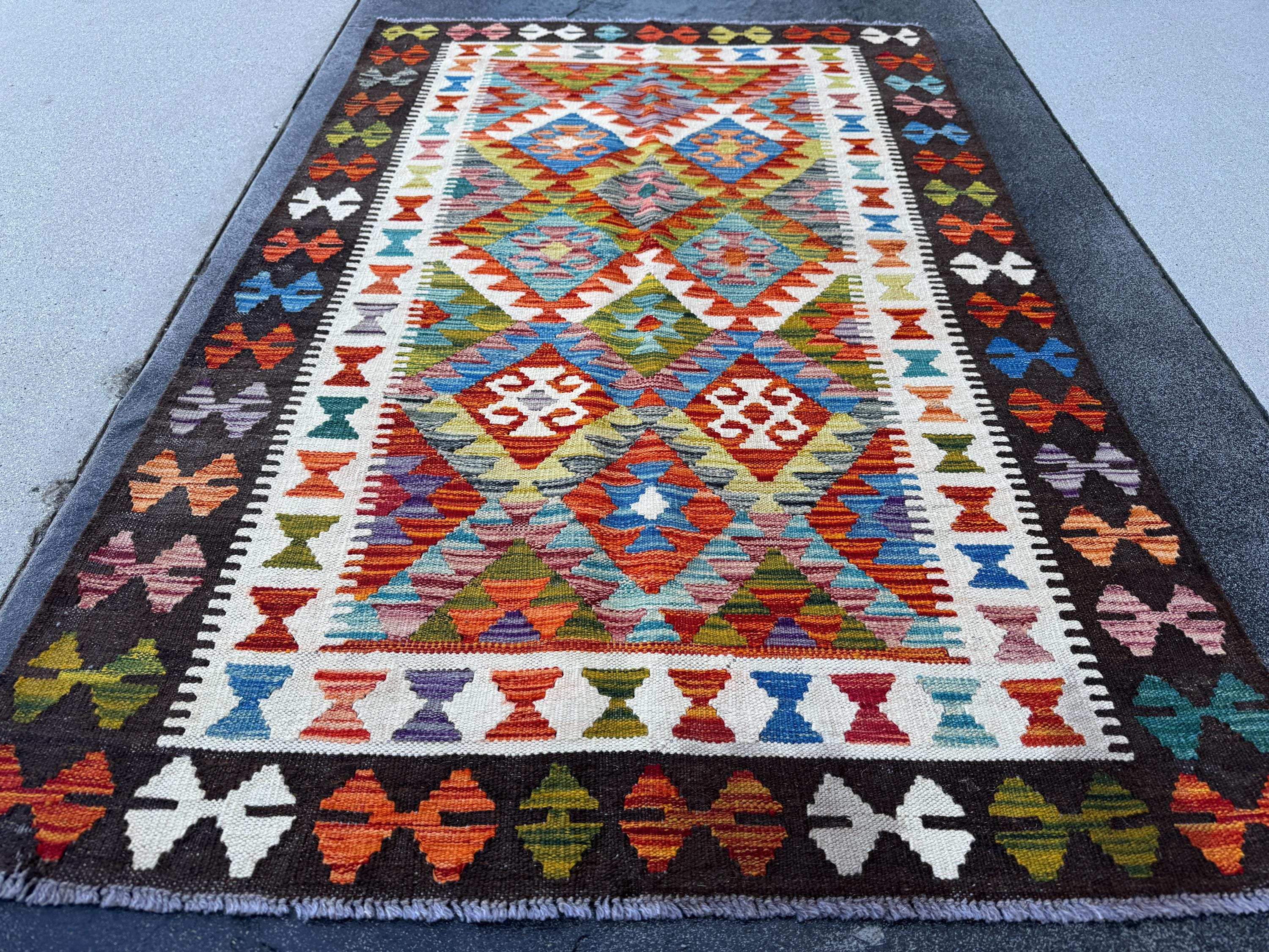 3x5 (91x152) Handmade Afghan Kilim Rug | Cream Burnt Orange Denim Blue Charcoal Grey Olive Moss Green Purple Teal Red | Wool Turkish