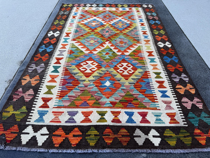 3x5 (91x152) Handmade Afghan Kilim Rug | Cream Burnt Orange Denim Blue Charcoal Grey Olive Moss Green Purple Teal Red | Wool Turkish