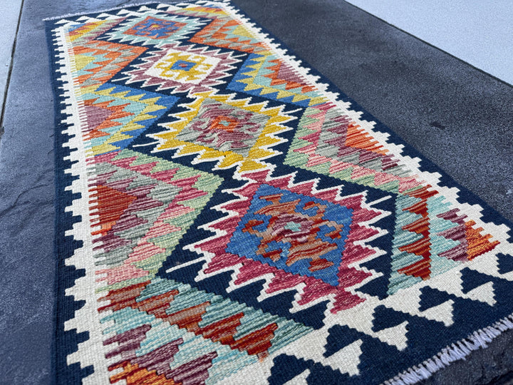 2x5 Handmade Afghan Kilim Runner Rug | Midnight Blue Mustard Olive Moss Green Cream Denim Blue Blood Red Grey Maroon Orange | Wool Turkish