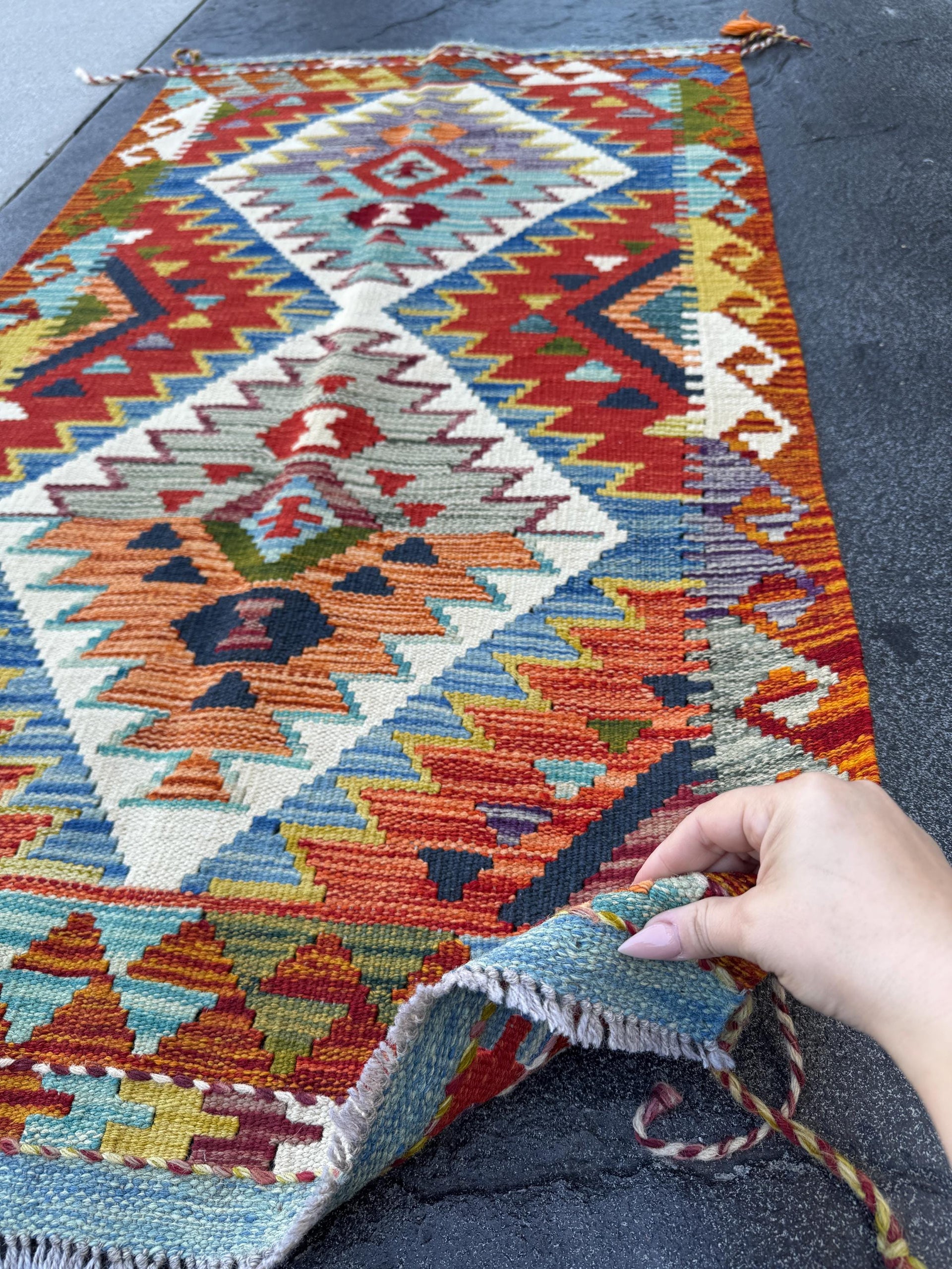 3x5 (91x152) Handmade Afghan Kilim Rug | Denim Blue Blood Red Orange Purple Black Ivory Grey Olive Green Ivory Teal Maroon | Wool Turkish