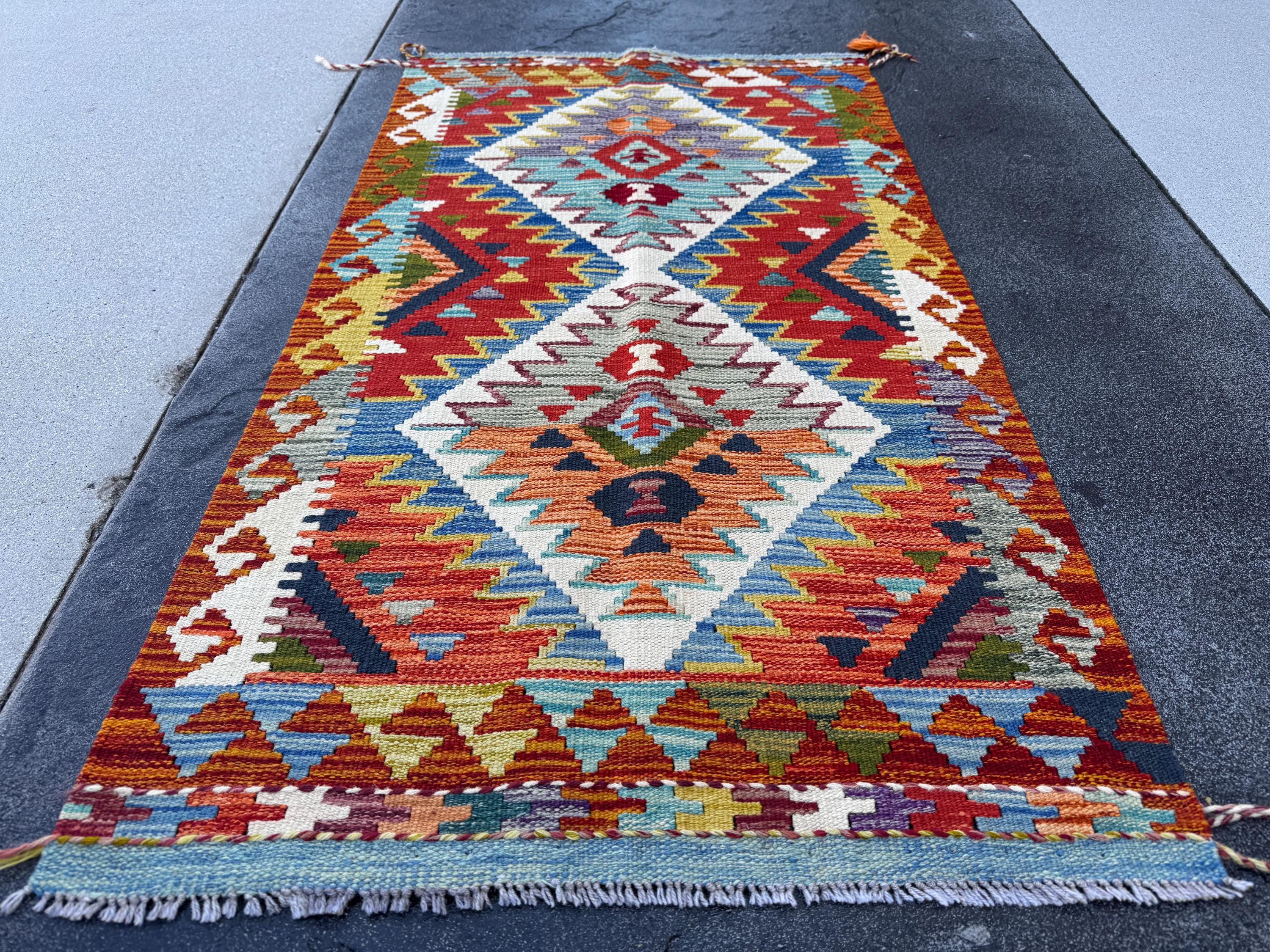 3x5 (91x152) Handmade Afghan Kilim Rug | Denim Blue Blood Red Orange Purple Black Ivory Grey Olive Green Ivory Teal Maroon | Wool Turkish