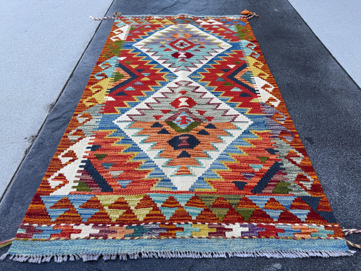 3x5 (91x152) Handmade Afghan Kilim Rug | Denim Blue Blood Red Orange Purple Black Ivory Grey Olive Green Ivory Teal Maroon | Wool Turkish