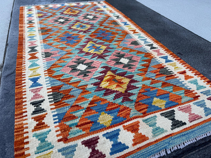 3x5 (91x152) Handmade Afghan Kilim Rug | Teal Burnt Orange Navy Denim Blue Charcoal Grey Red Ivory Olive Green Mustard Yellow | Wool Turkish