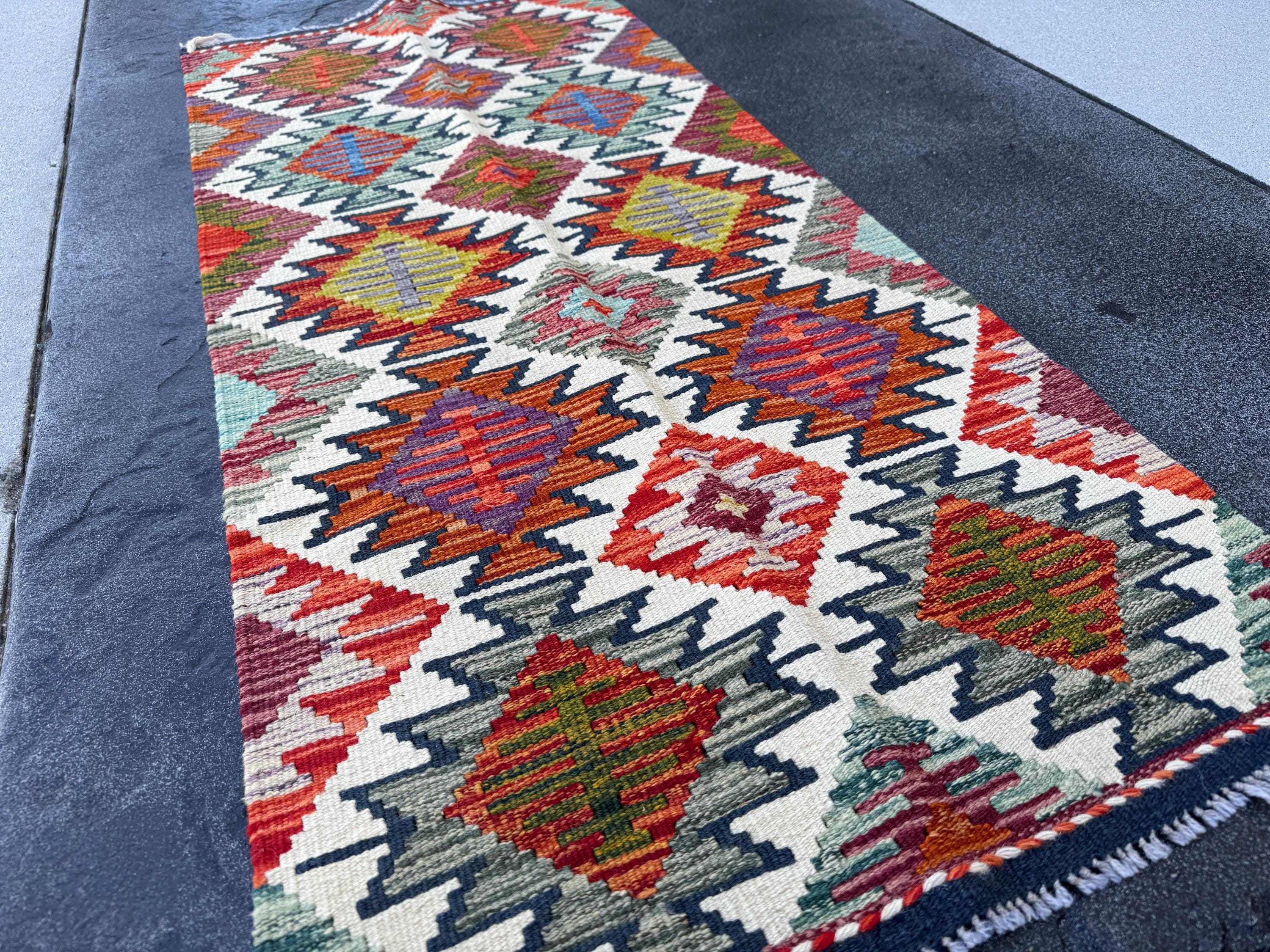 2x5 Handmade Afghan Kilim Runner Rug | Cream White Sand Beige Teal Aqua Denim Navy Olive Forest Green Brick Red Burnt Orange Mustard | Wool