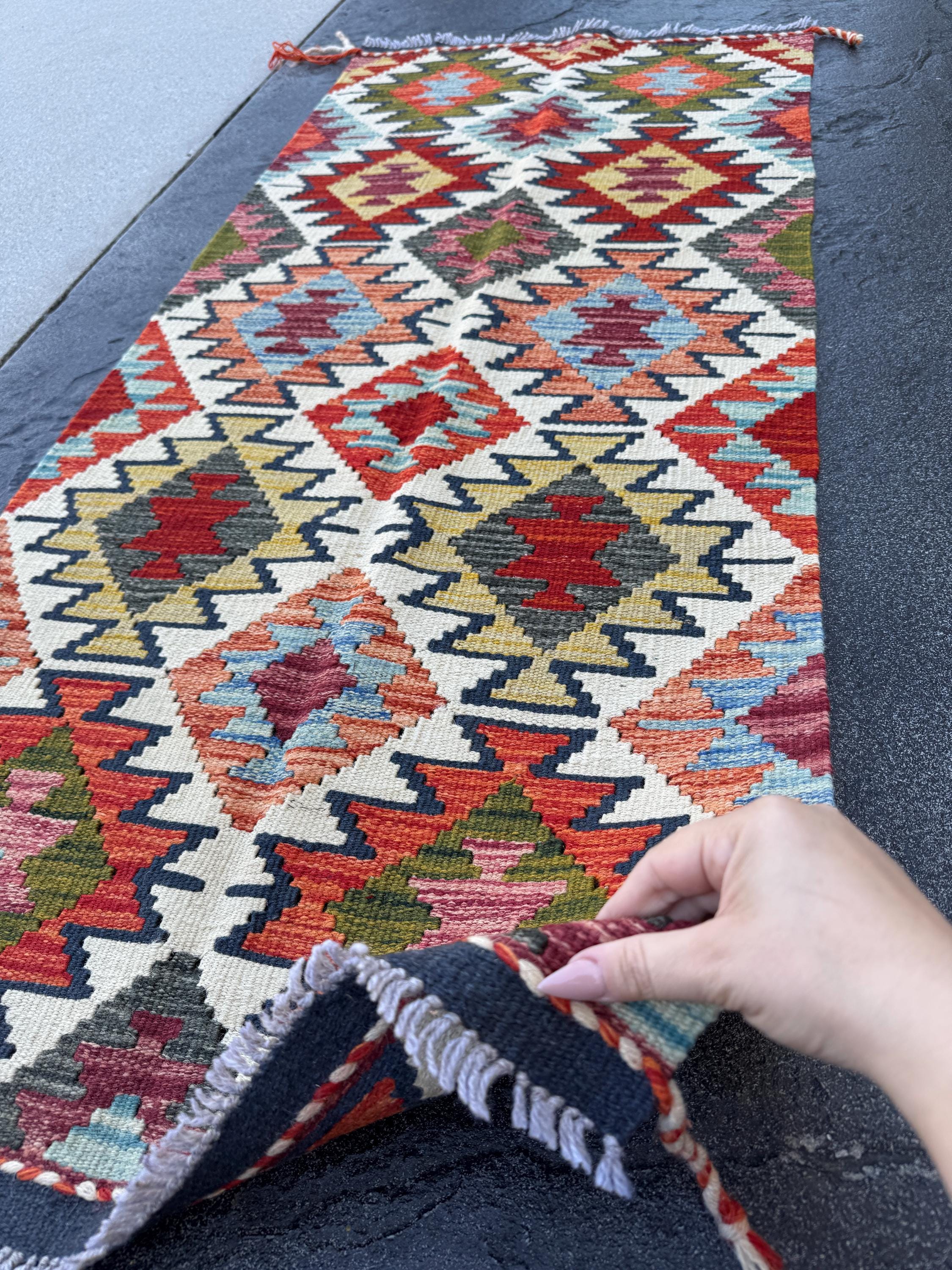 2x5 Handmade Afghan Kilim Runner Rug | Cream White Sand Beige Teal Aqua Sky Blue Navy Olive Forest Green Mustard Brick Red Burnt Orange
