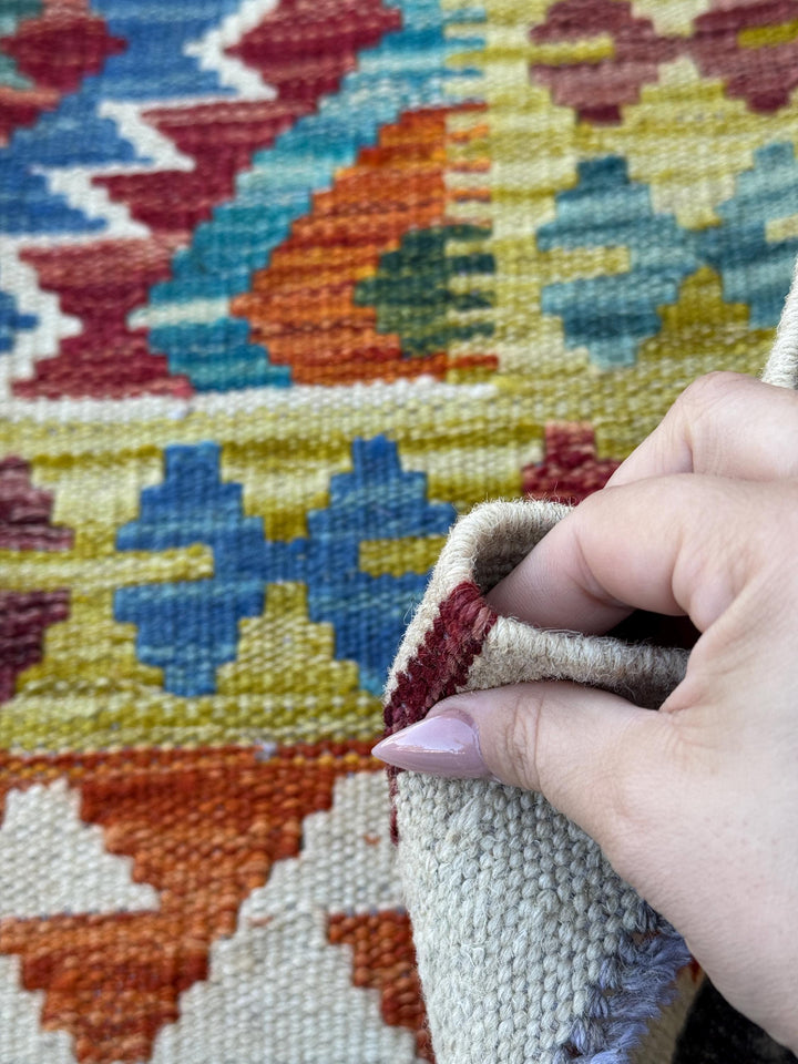2x5 Handmade Afghan Kilim Runner Rug | Cream White Mustard Olive Green Aqua Sky Blue Navy Burnt Orange Brick Red Burgundy