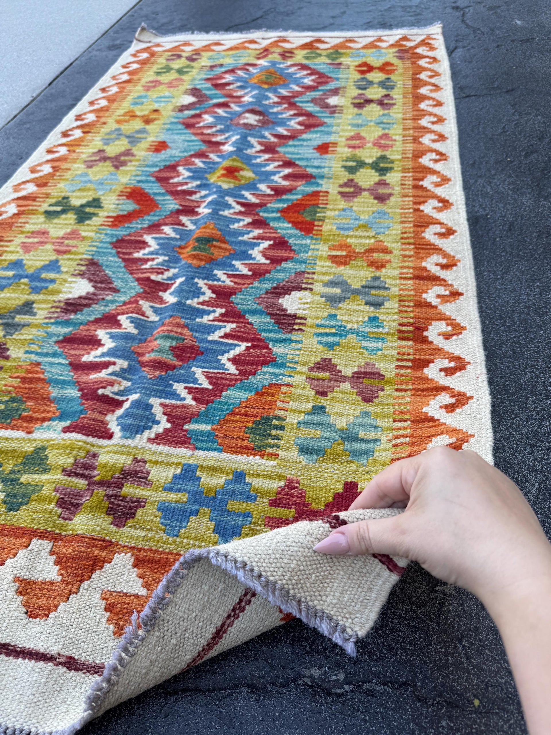 2x5 Handmade Afghan Kilim Runner Rug | Cream White Mustard Olive Green Aqua Sky Blue Navy Burnt Orange Brick Red Burgundy