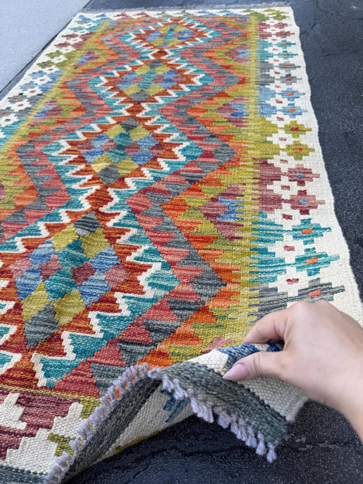 3x5 Handmade Afghan Kilim Rug | Cream White Mustard Olive Aqua Sky Blue Denim Slate Grey Burnt Orange Brick Red Burgundy