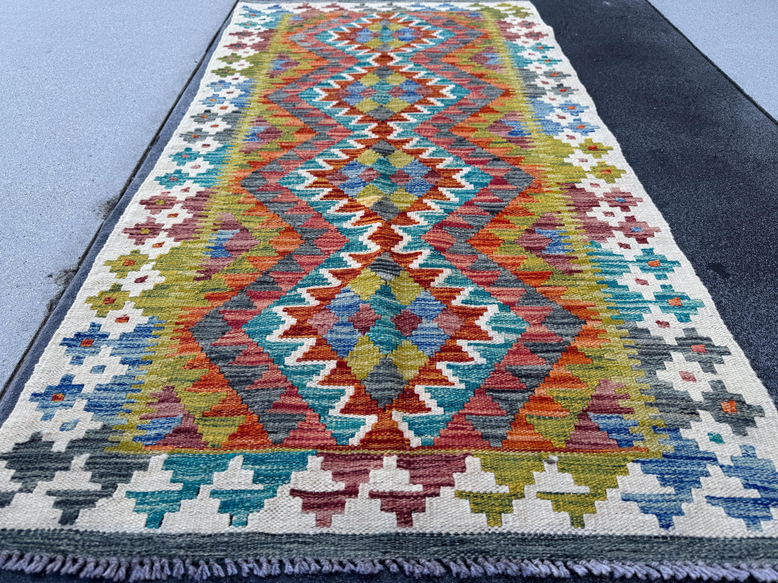 3x5 Handmade Afghan Kilim Rug | Cream White Mustard Olive Aqua Sky Blue Denim Slate Grey Burnt Orange Brick Red Burgundy