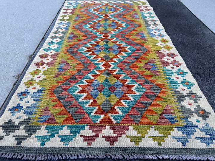 3x5 Handmade Afghan Kilim Rug | Cream White Mustard Olive Aqua Sky Blue Denim Slate Grey Burnt Orange Brick Red Burgundy