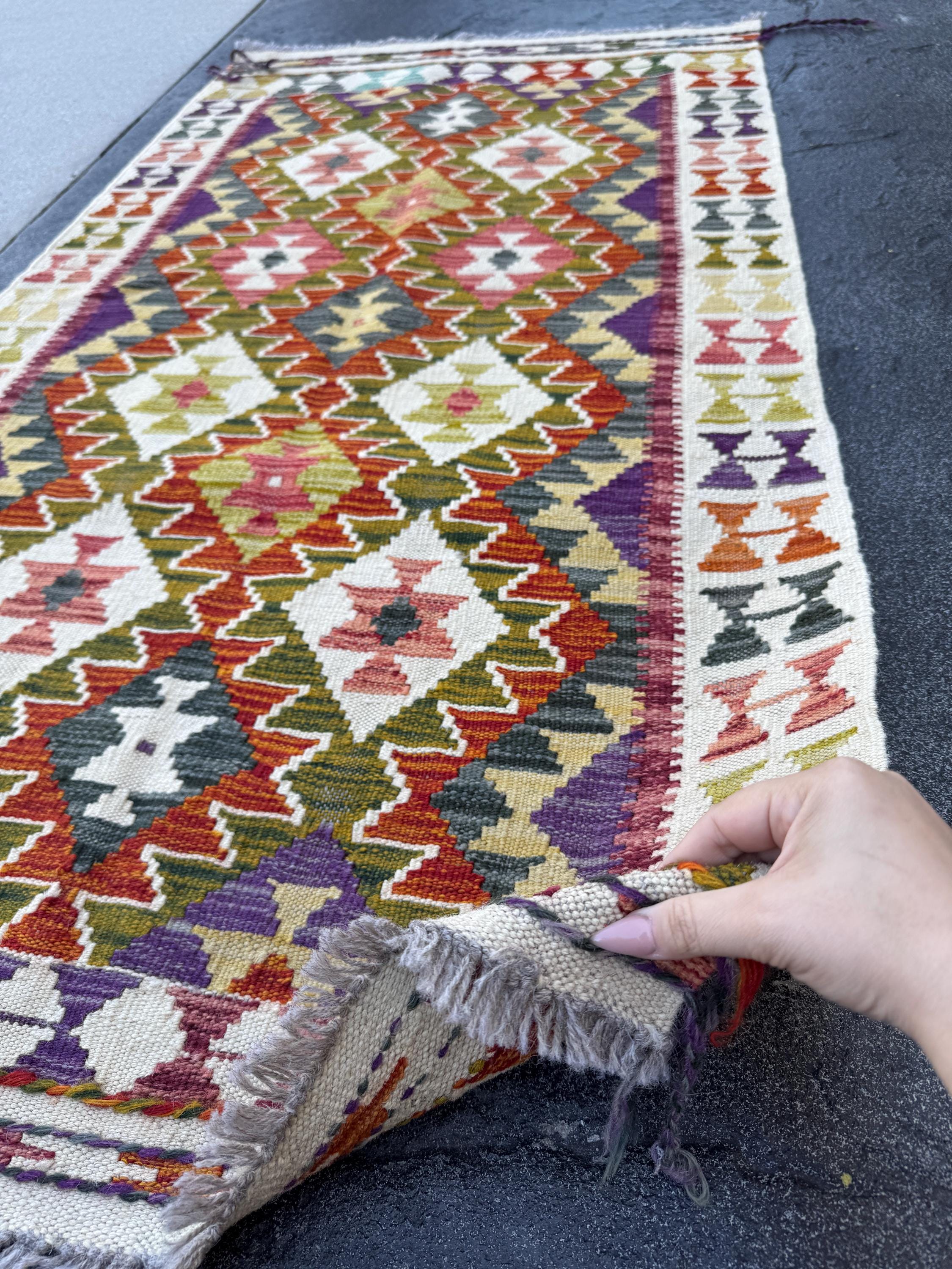 3x5 Handmade Afghan Kilim Rug | Cream White Mustard Olive Green Burnt Orange Brick Red Pink Purple Burgundy Charcoal Grey