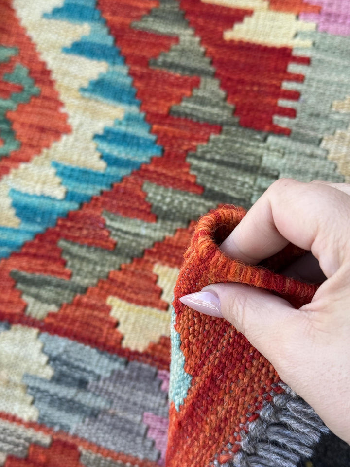 Percival - 3x5 Handmade Afghan Kilim Rug | Burnt Orange Brick Red Pink Aqua Teal Sky Blue Sage Olive Cream White Lavender Charcoal Grey