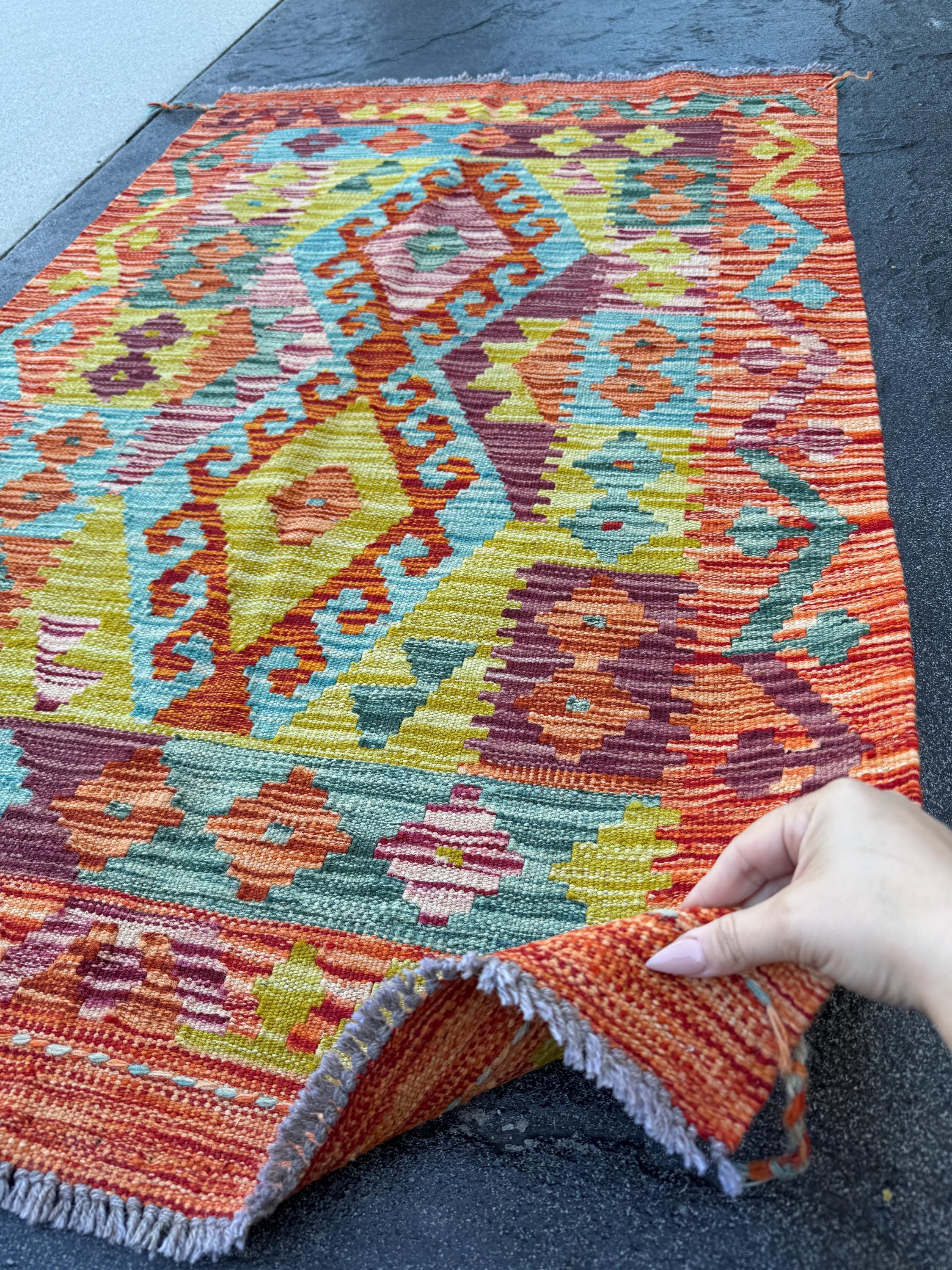 3x5 Handmade Afghan Kilim Rug | Burnt Orange Yellow Chartreuse Olive Aqua Teal Sky Blue Pink Plum Lavender Cream White