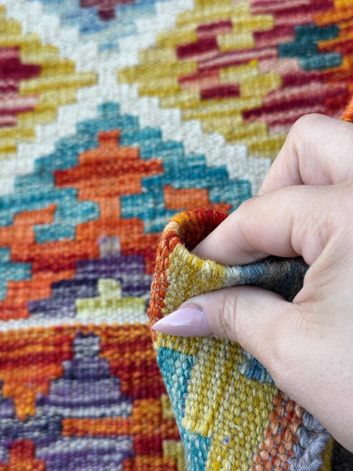 3x4 Handmade Afghan Kilim Rug | Burnt Orange Yellow Chartreuse Aqua Teal Sky Blue Denim Cream White Burgundy Plum Lavender | Wool Flatwoven