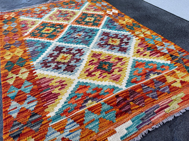 3x4 Handmade Afghan Kilim Rug | Burnt Orange Yellow Chartreuse Aqua Teal Sky Blue Denim Cream White Burgundy Plum Lavender | Wool Flatwoven