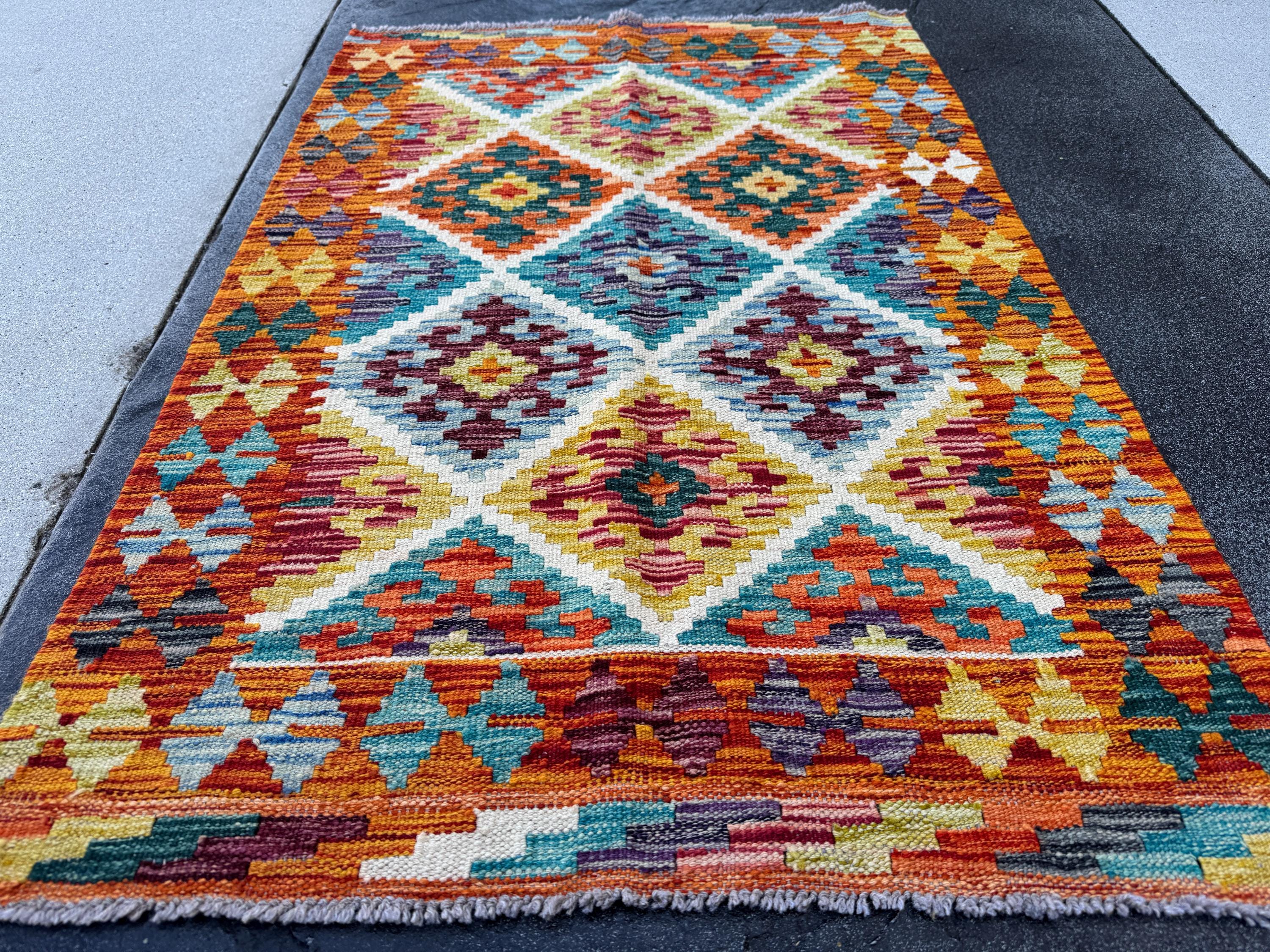 3x4 Handmade Afghan Kilim Rug | Burnt Orange Yellow Chartreuse Aqua Teal Sky Blue Denim Cream White Burgundy Plum Lavender | Wool Flatwoven
