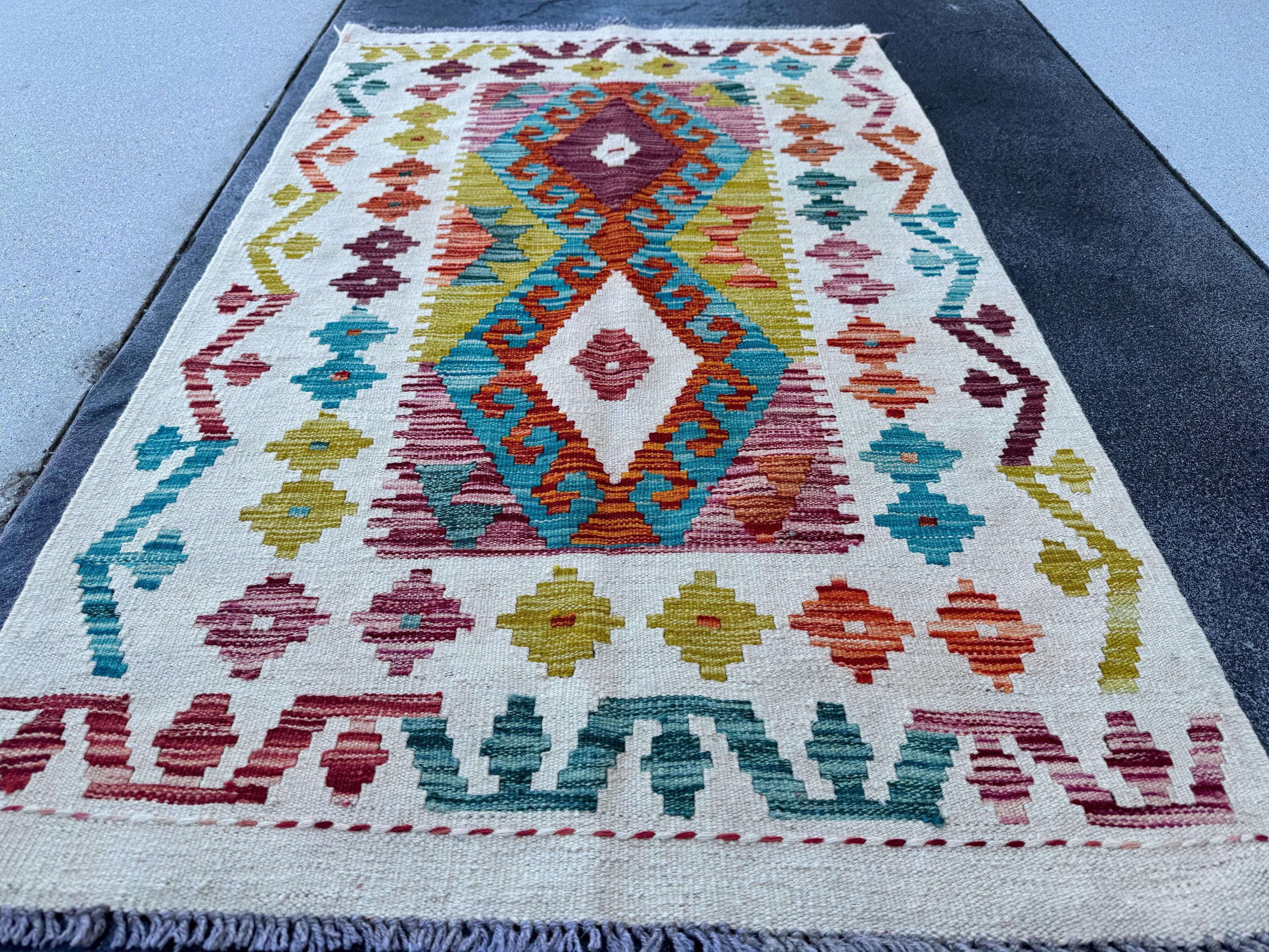 3x5 Handmade Afghan Kilim Rug | Cream White Mustard Chartreuse Aqua Teal Sky Blue Burnt Orange Brick Red Burgundy Lavender | Wool Flatwoven