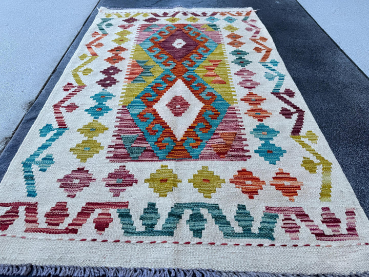 3x5 Handmade Afghan Kilim Rug | Cream White Mustard Chartreuse Aqua Teal Sky Blue Burnt Orange Brick Red Burgundy Lavender | Wool Flatwoven