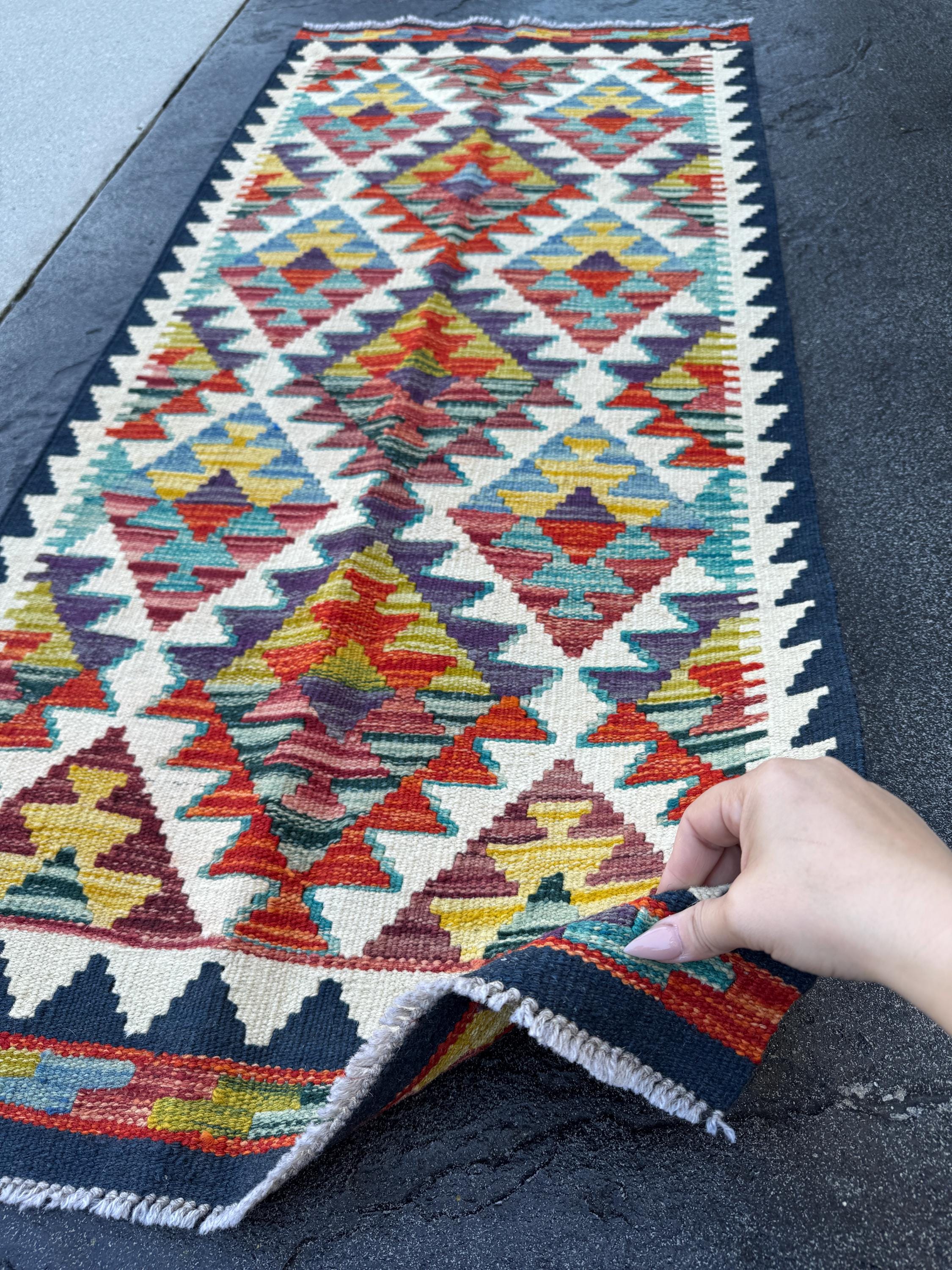 2x5 Handmade Afghan Kilim Runner Rug | Cream White Mustard Aqua Teal Sky Blue Denim Burnt Orange Brick Red Burgundy Lavender Navy