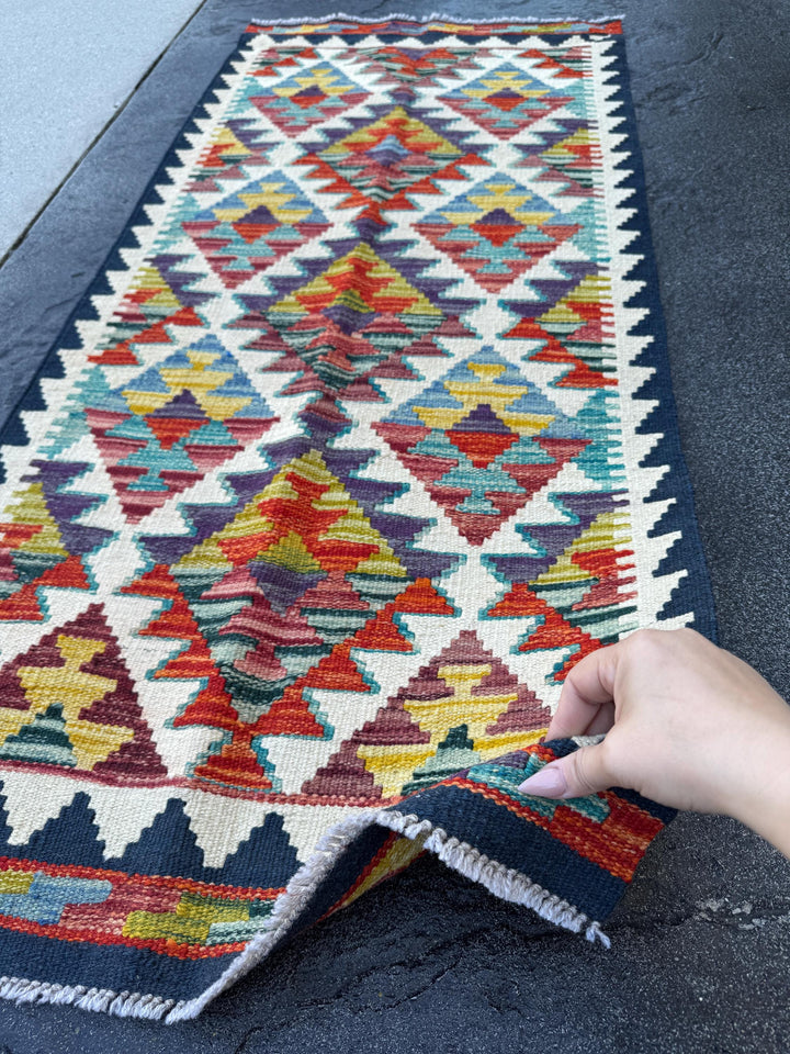 2x5 Handmade Afghan Kilim Runner Rug | Cream White Mustard Aqua Teal Sky Blue Denim Burnt Orange Brick Red Burgundy Lavender Navy