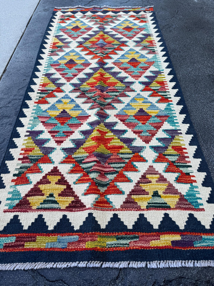 2x5 Handmade Afghan Kilim Runner Rug | Cream White Mustard Aqua Teal Sky Blue Denim Burnt Orange Brick Red Burgundy Lavender Navy