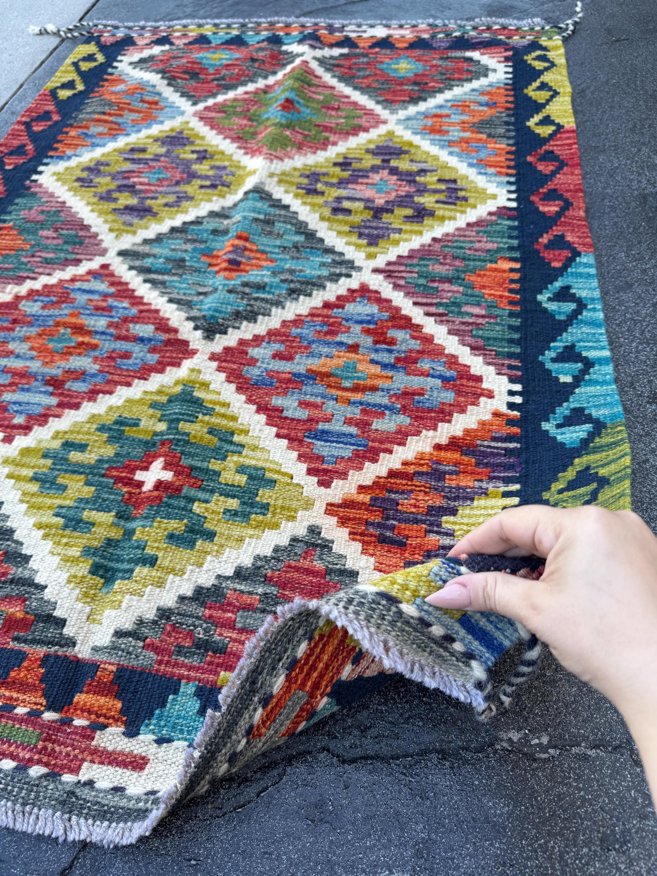 3x4 Handmade Afghan Kilim Rug | Cream White Mustard Golden Aqua Teal Sky Blue Denim Blue Burnt Orange Brick Red Burgundy Plum Wine