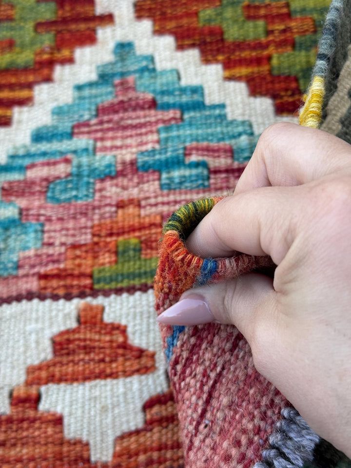 3x4 (91x152) Handmade Afghan Kilim Rug | Cream White Mustard Olive Aqua Teal Sky Blue Denim Burnt Orange Pink Burgundy Lavender