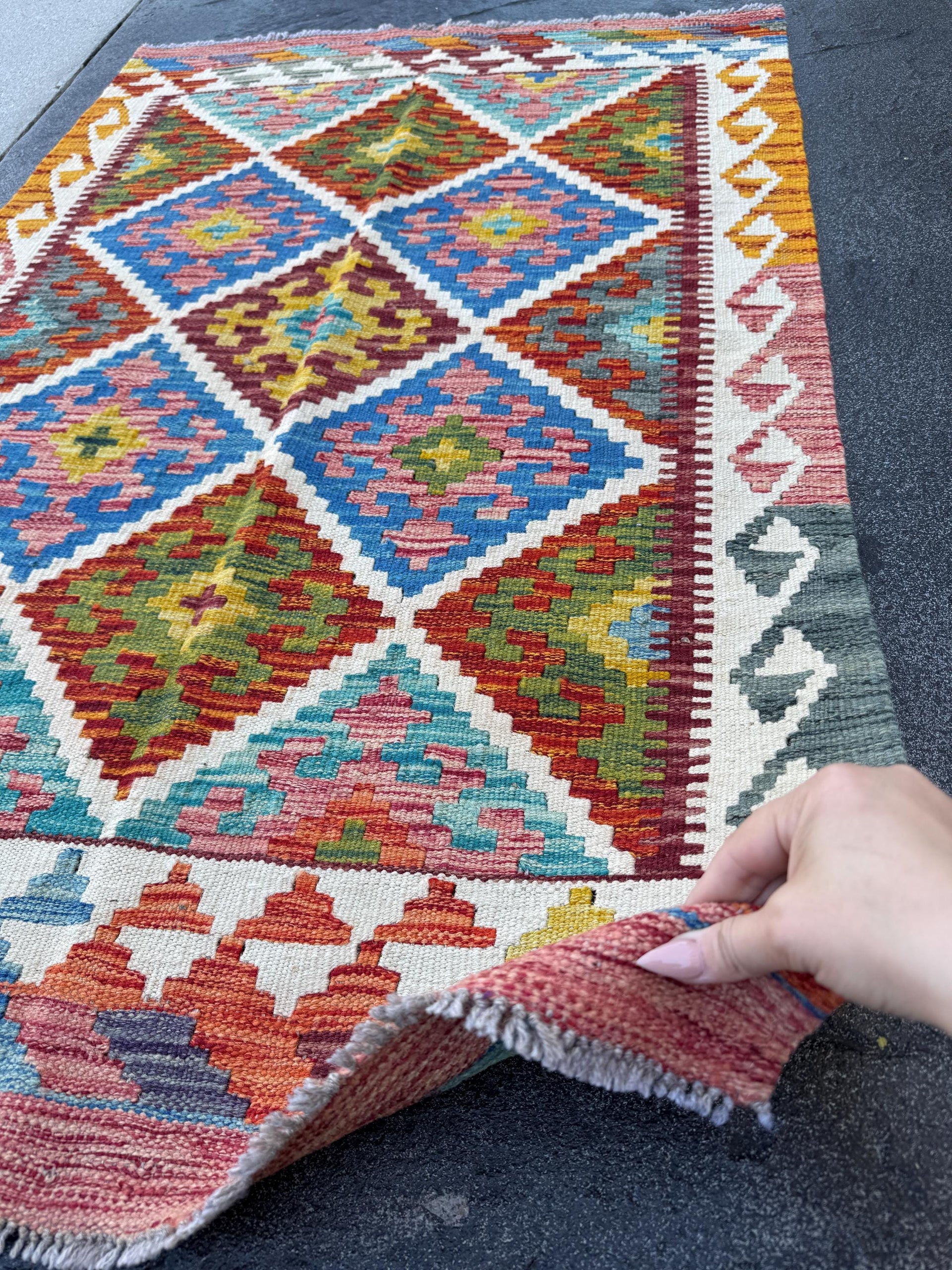 3x4 (91x152) Handmade Afghan Kilim Rug | Cream White Mustard Olive Aqua Teal Sky Blue Denim Burnt Orange Pink Burgundy Lavender