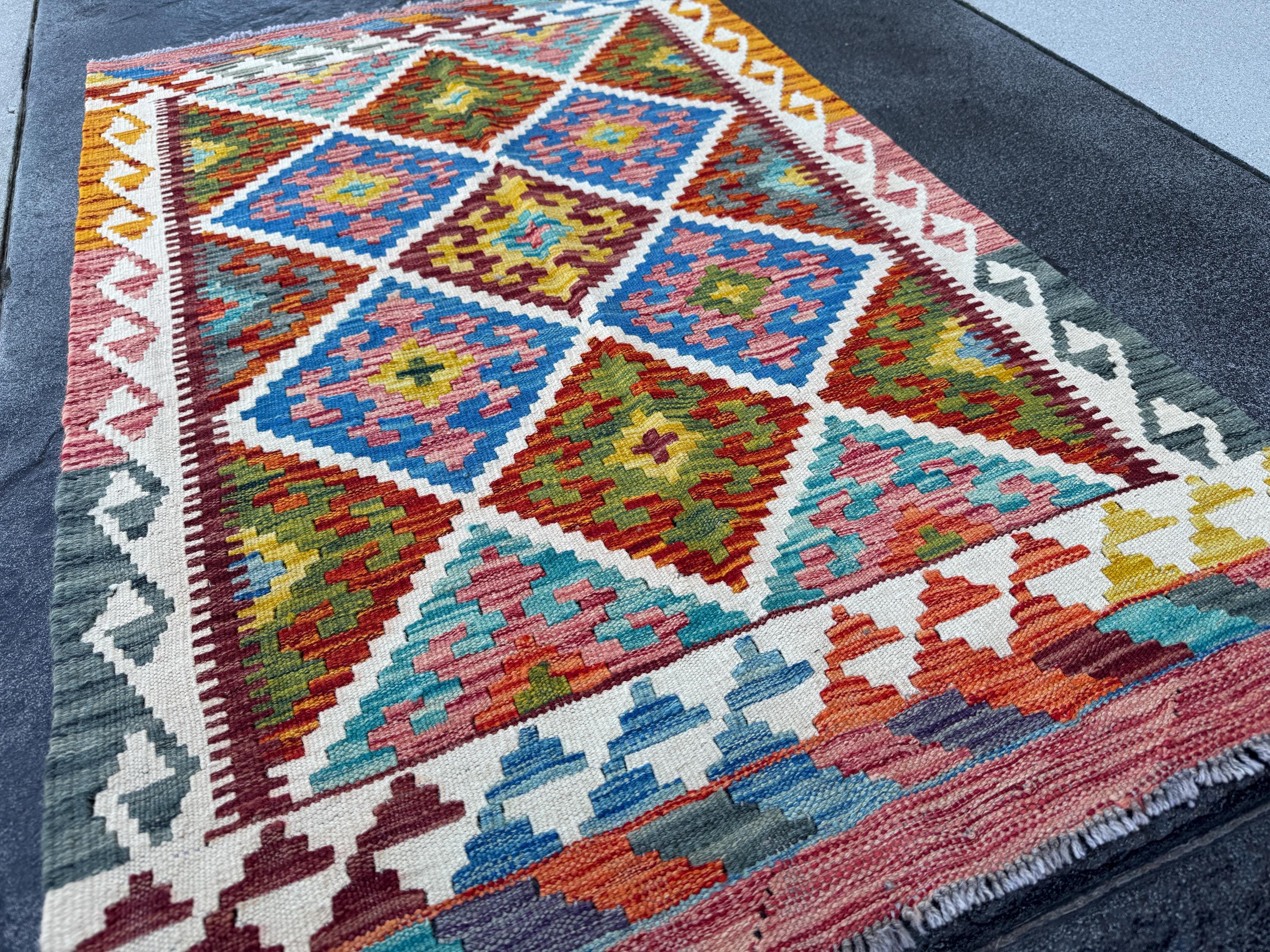 3x4 (91x152) Handmade Afghan Kilim Rug | Cream White Mustard Olive Aqua Teal Sky Blue Denim Burnt Orange Pink Burgundy Lavender