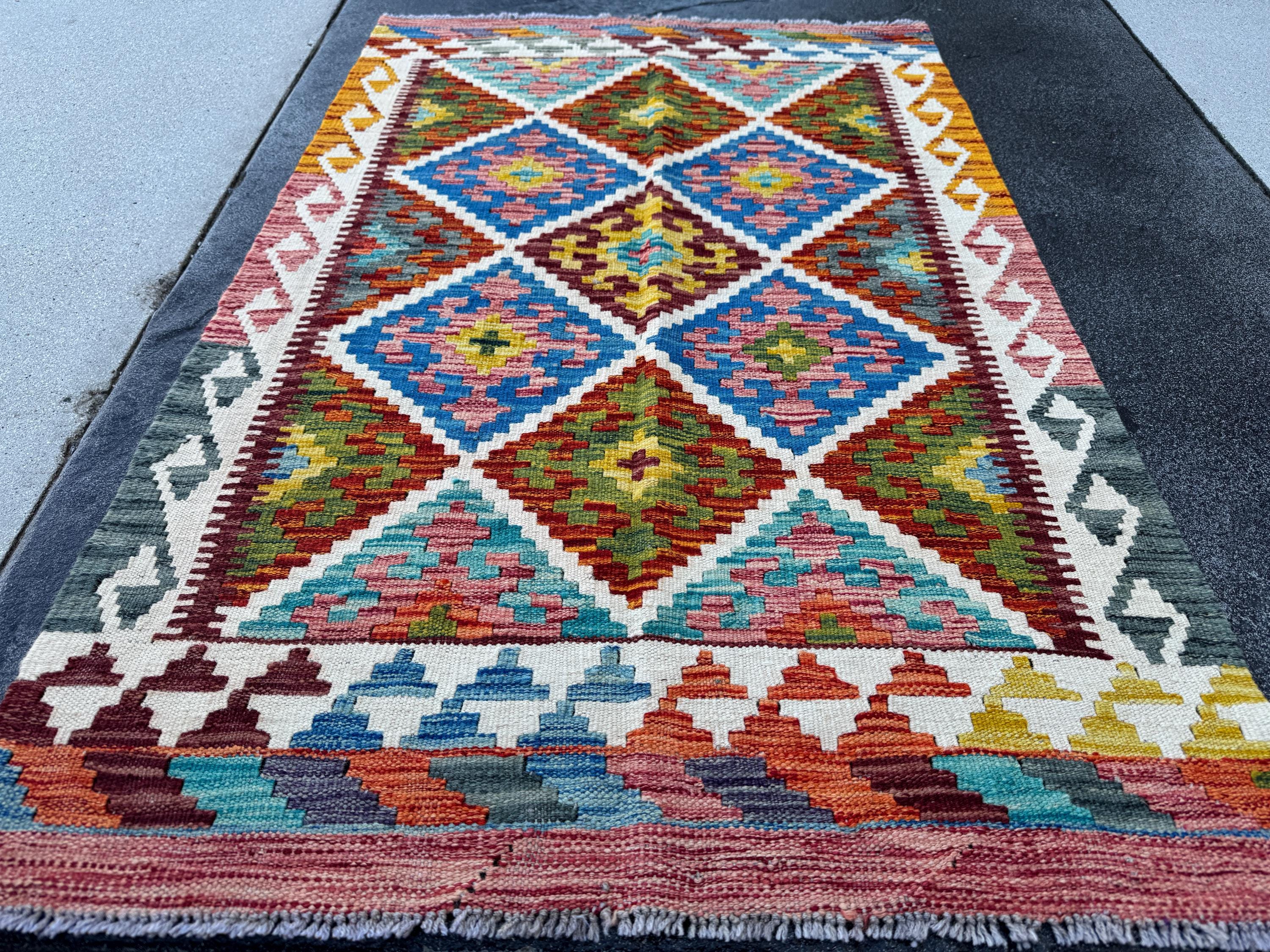 3x4 (91x152) Handmade Afghan Kilim Rug | Cream White Mustard Olive Aqua Teal Sky Blue Denim Burnt Orange Pink Burgundy Lavender